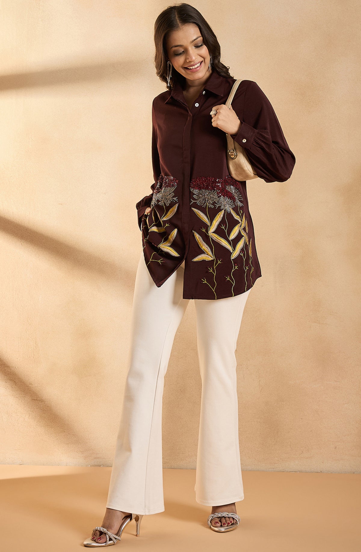 Deep Brown Shirt with Metallic Botanical Embroidery