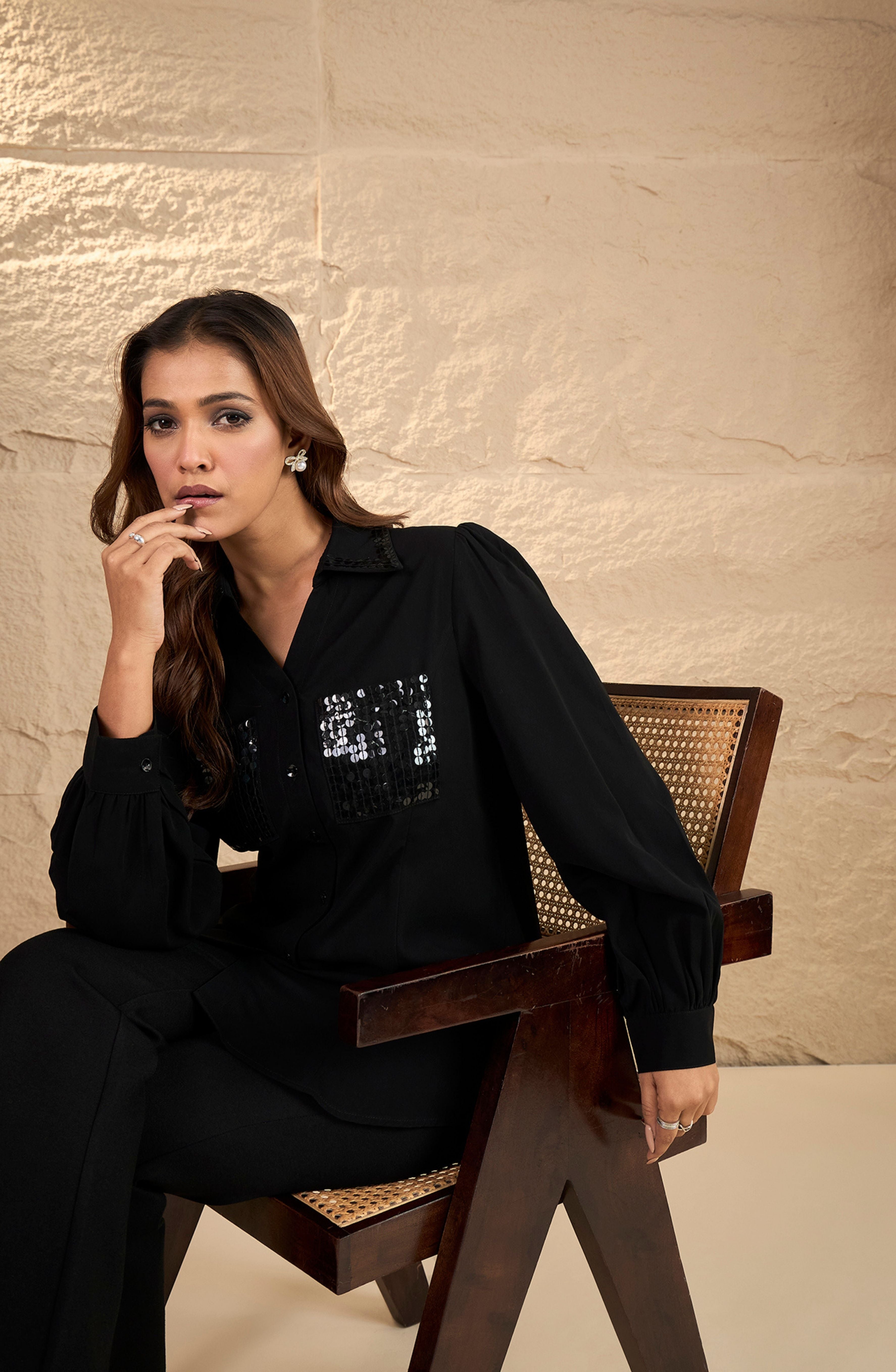 Classic Black Sequin Embellished Shirt
