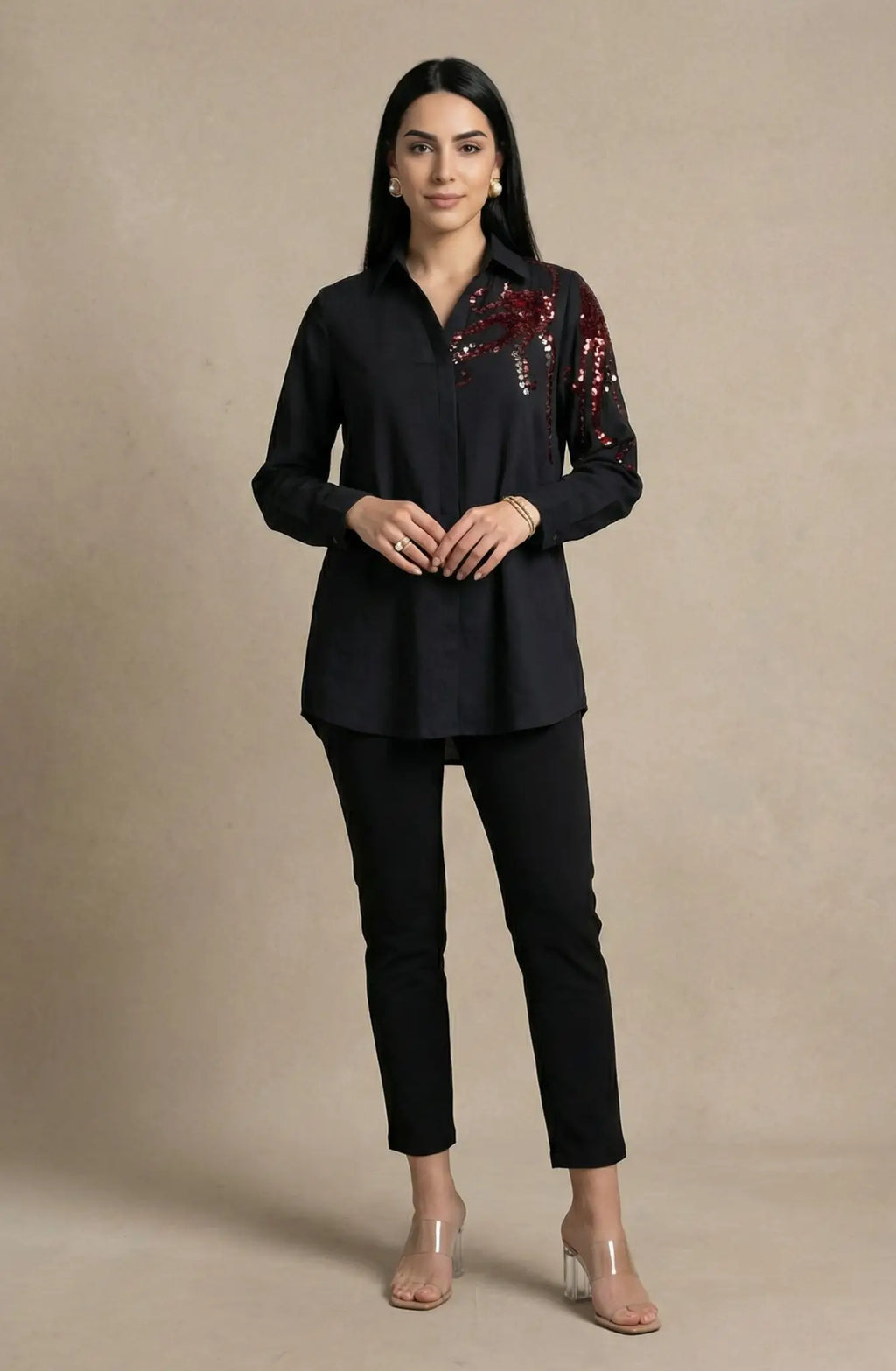 Black One Side Motif Embellished Shirt