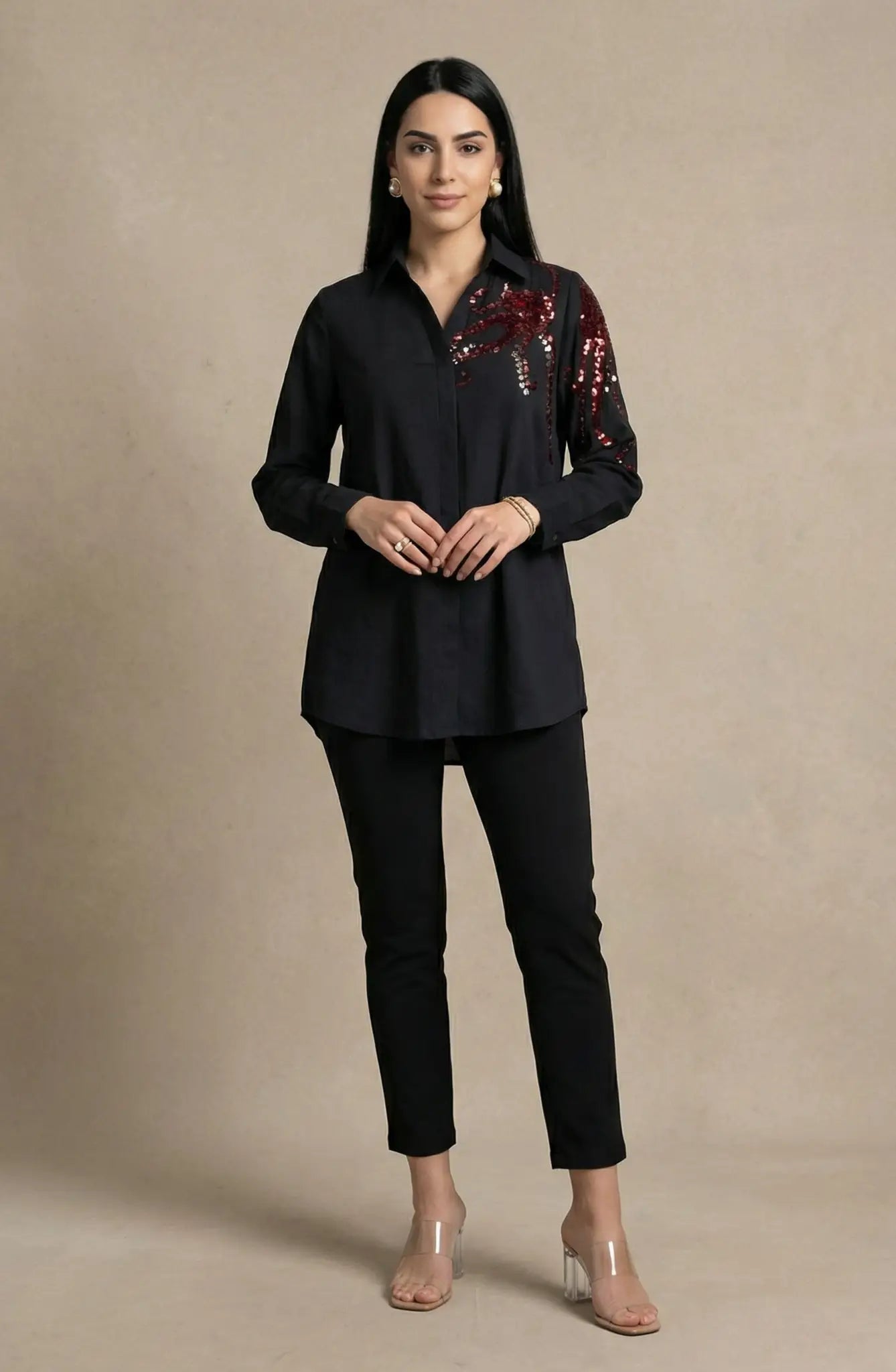Black One Side Motif Embellished Shirt
