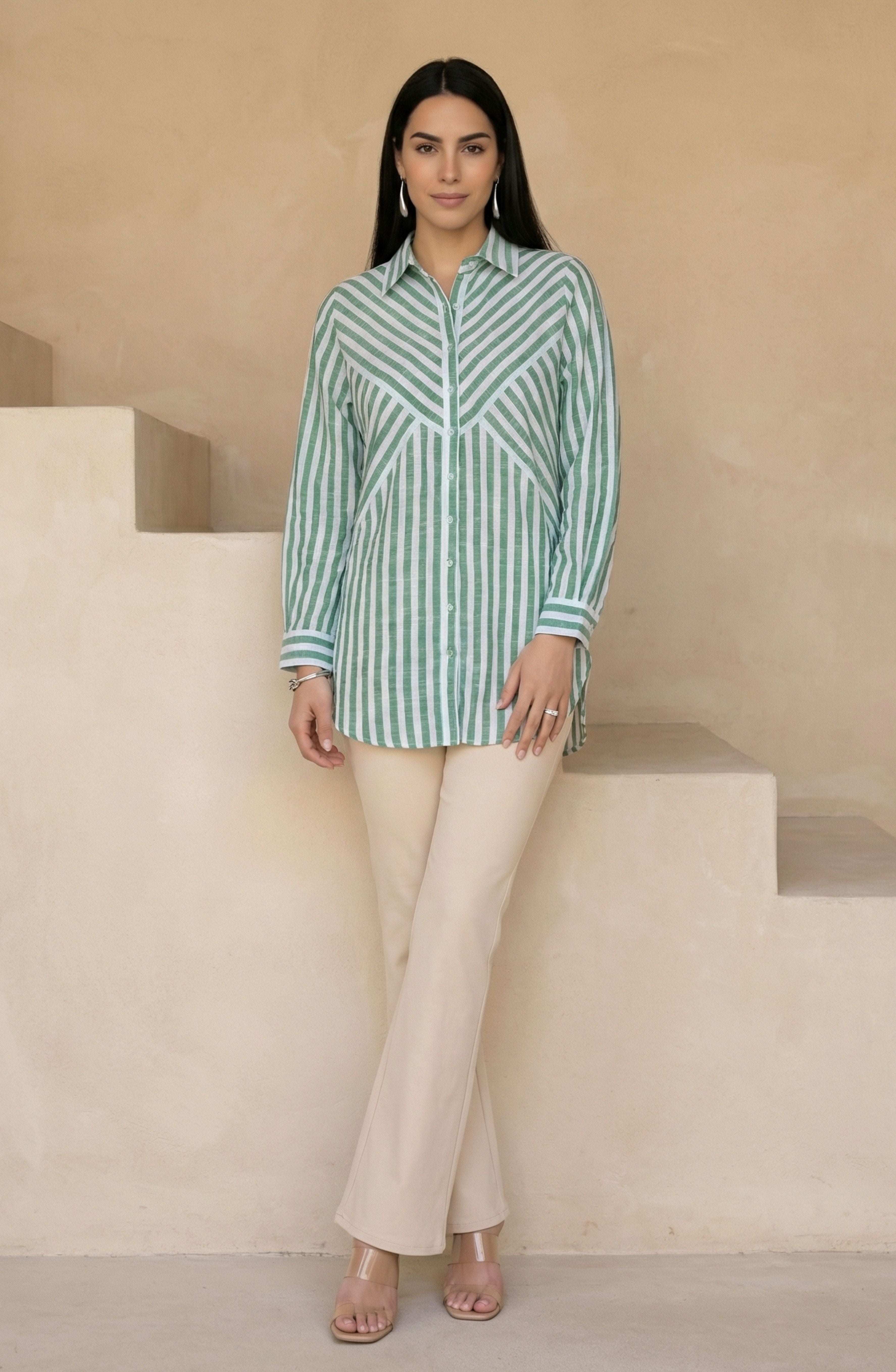 Green & White Stripe Cotton Shirt