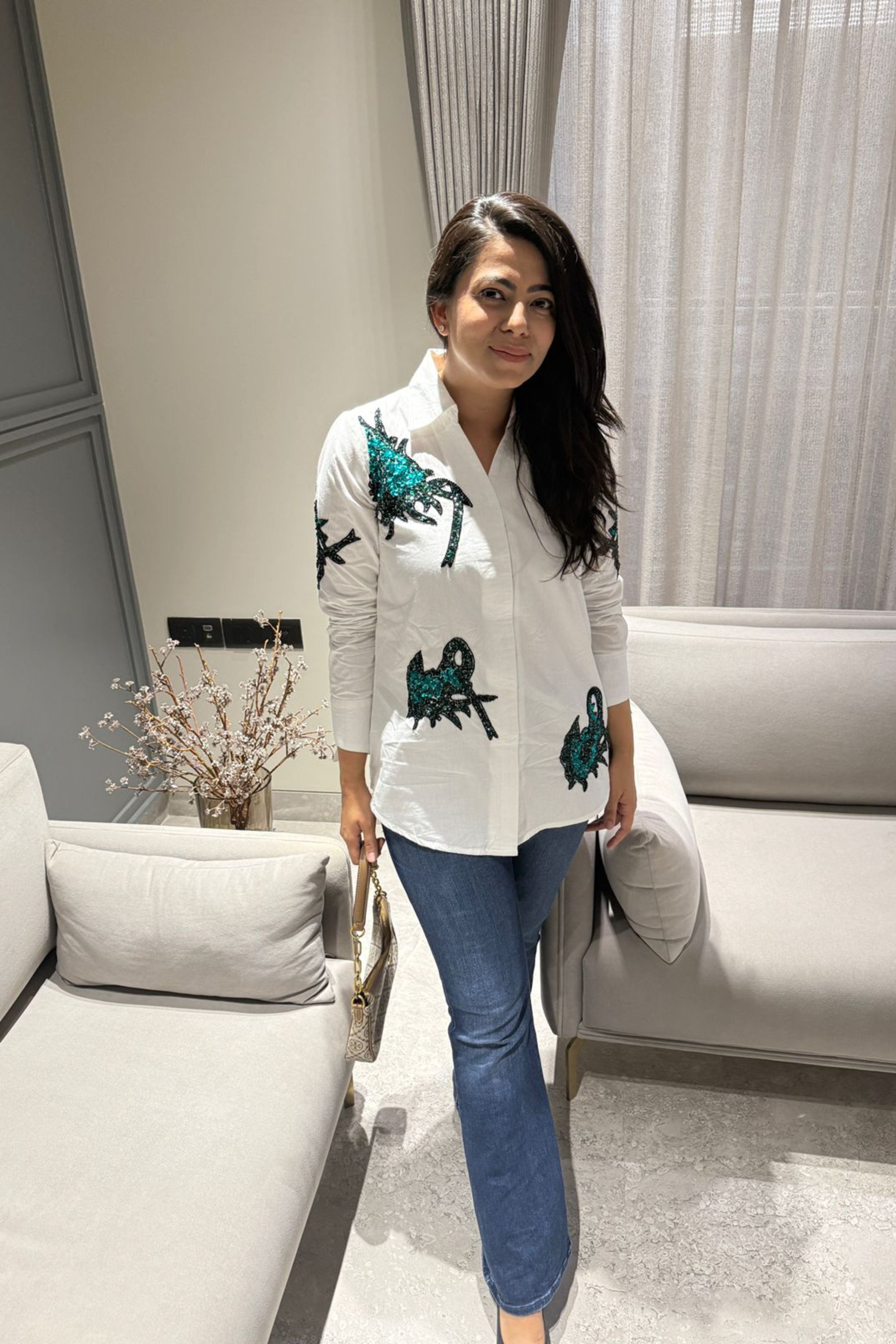 White Sequin Abstract Shirt