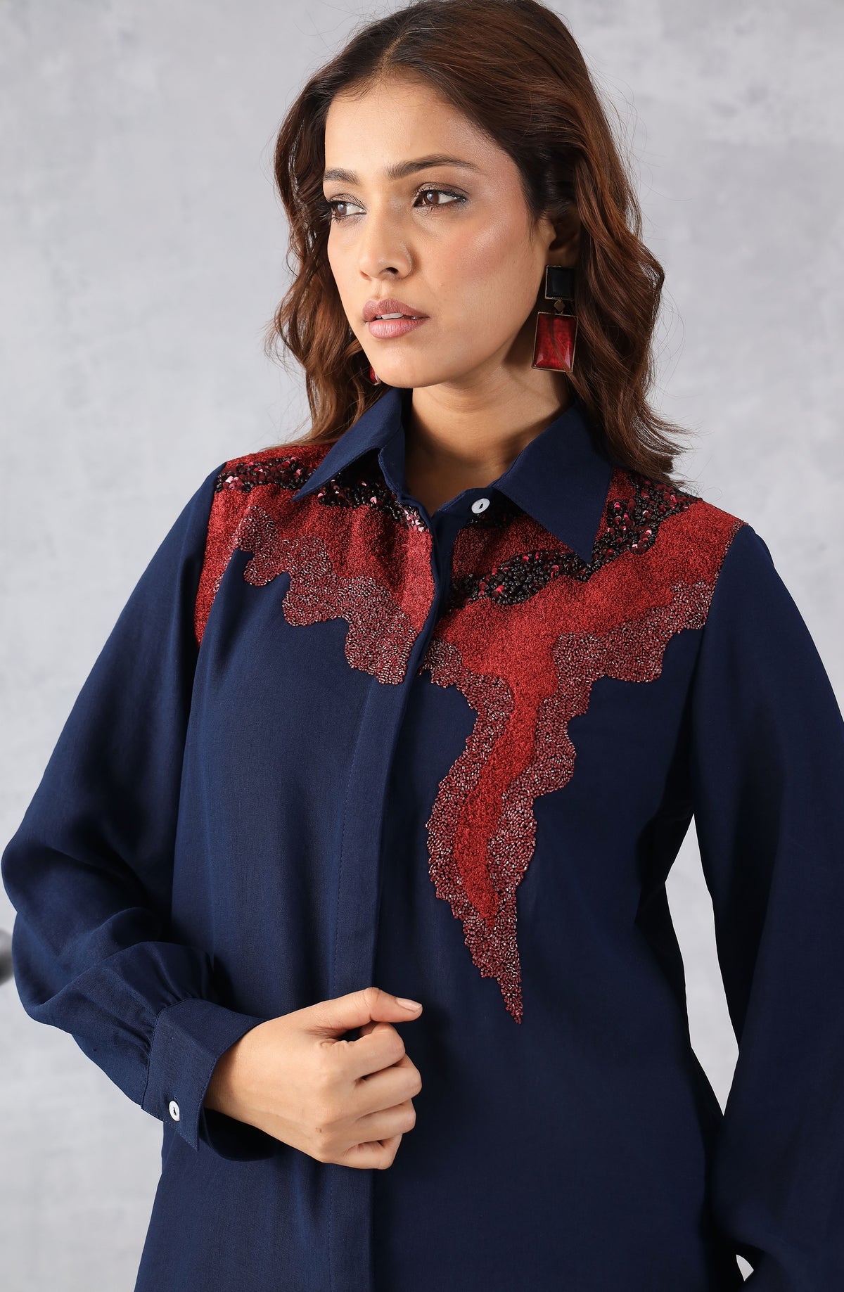 Navy Blue & Red Abstract Embellished Shirt