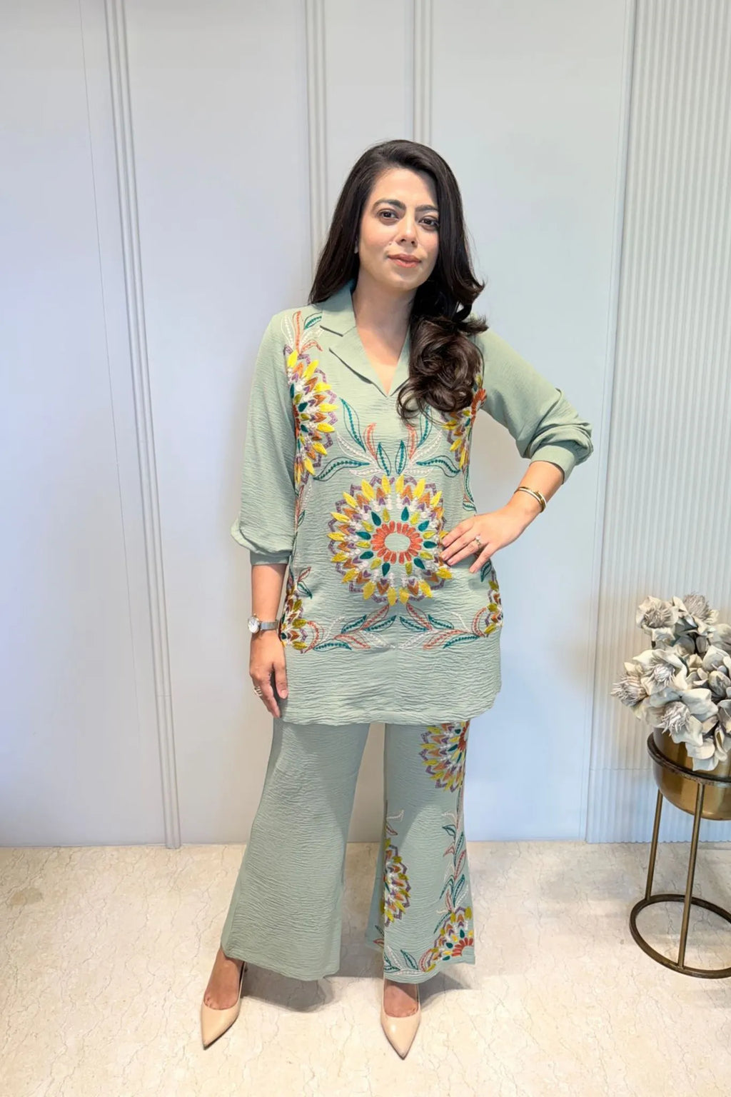 Moss Green Floral Embroidered Co-Ord Set