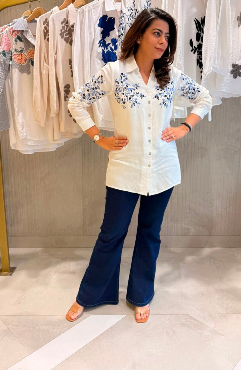 White and Blue Floral Embroidered Shirt