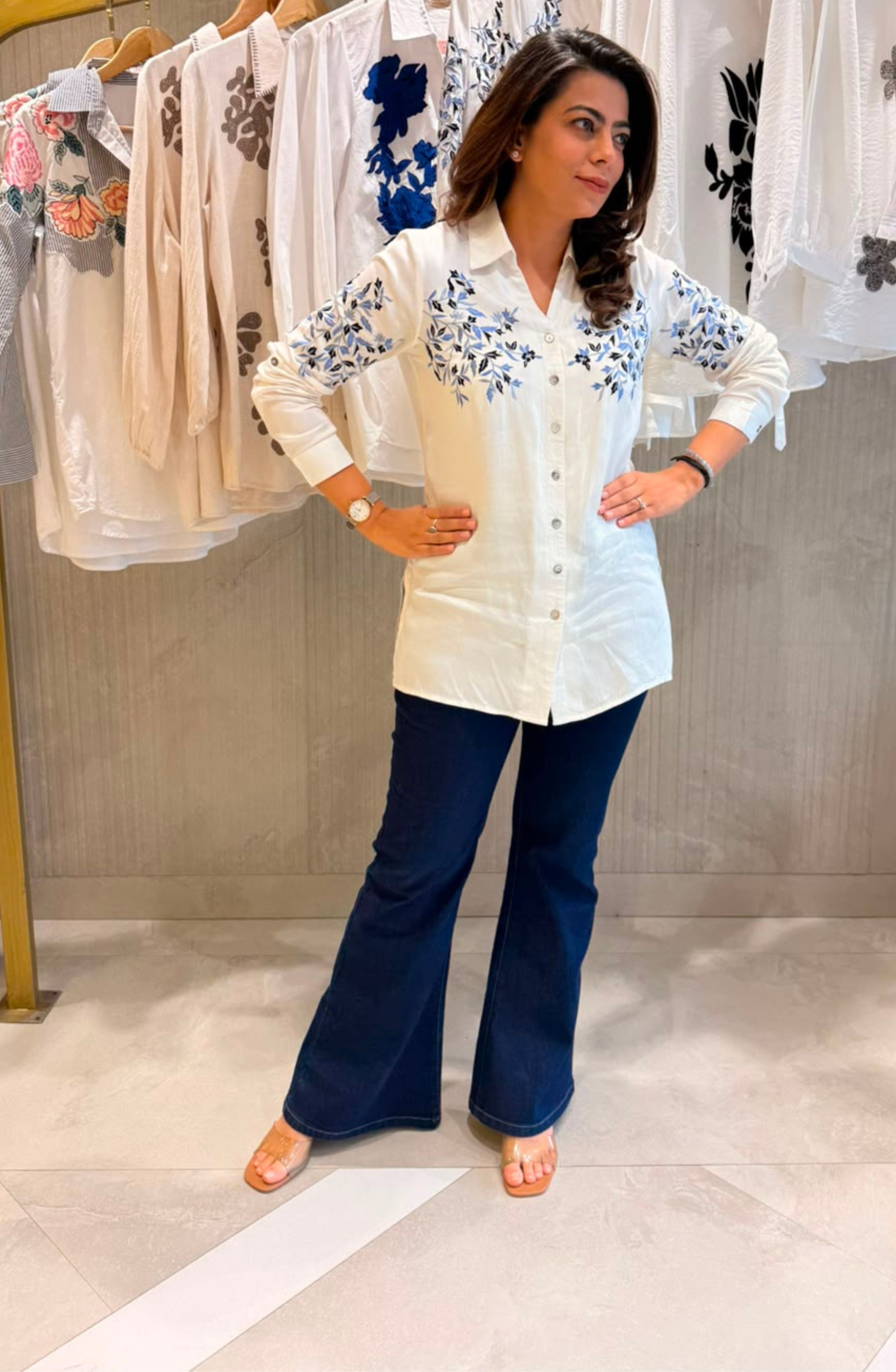 White and Blue Floral Embroidered Shirt