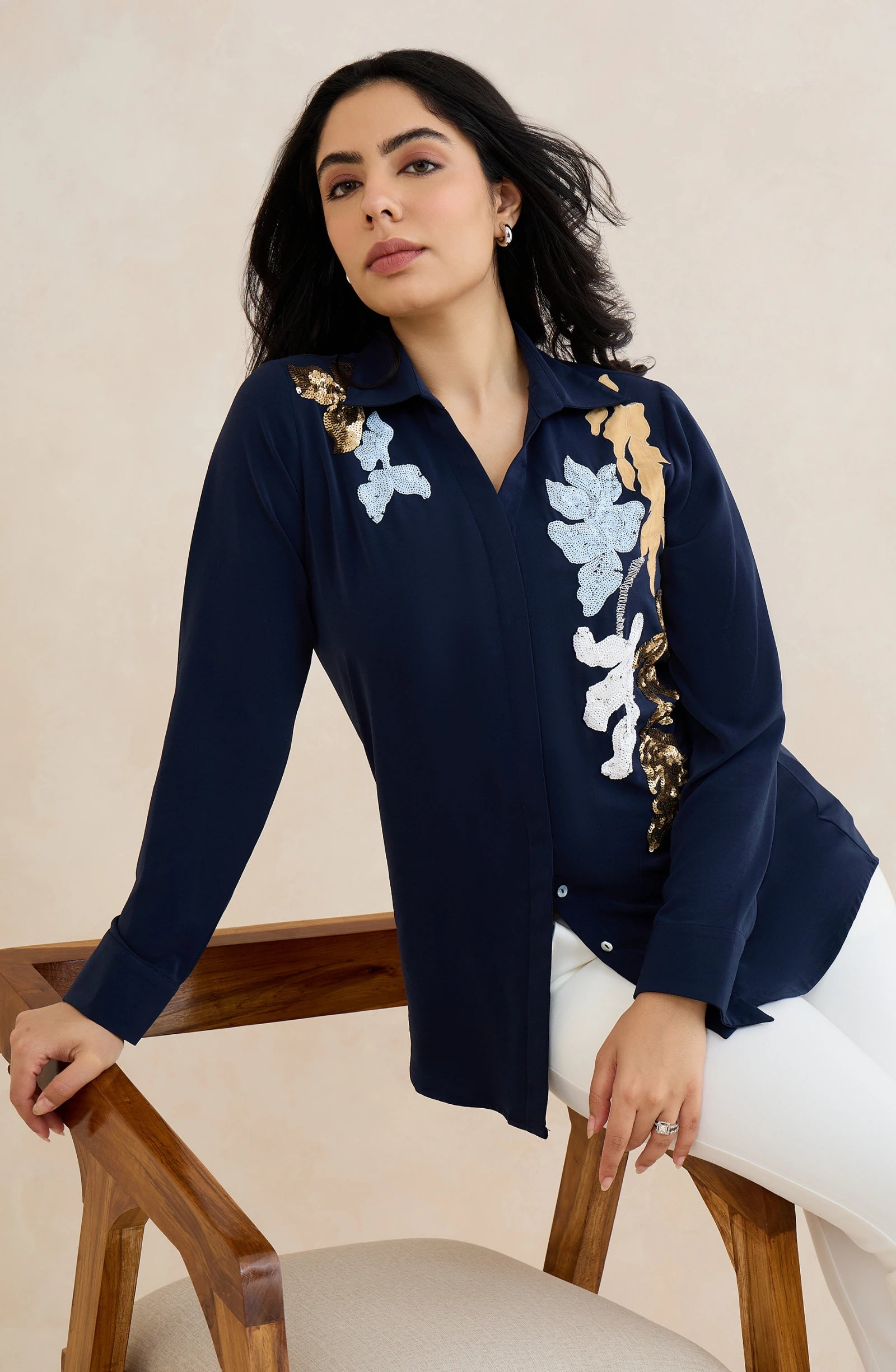 Navy Floral Vine Embellished Shirt