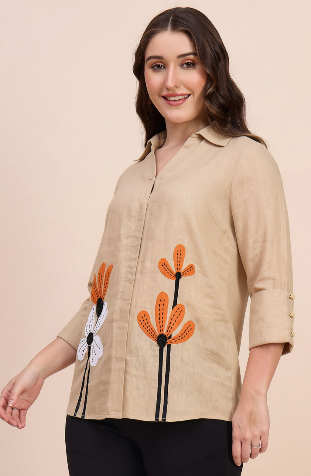 Beige Shirt with Applique Floral Motif