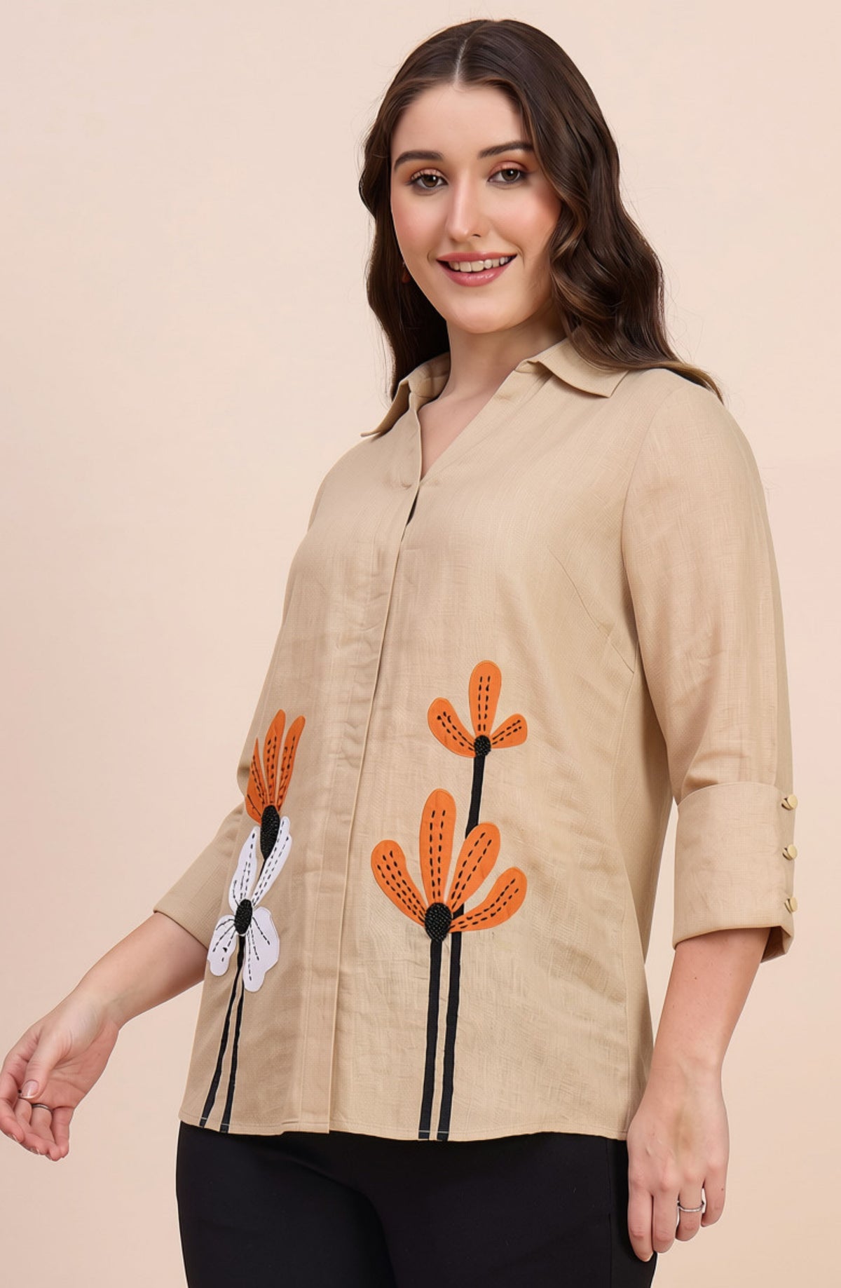 Beige Shirt with Applique Floral Motif