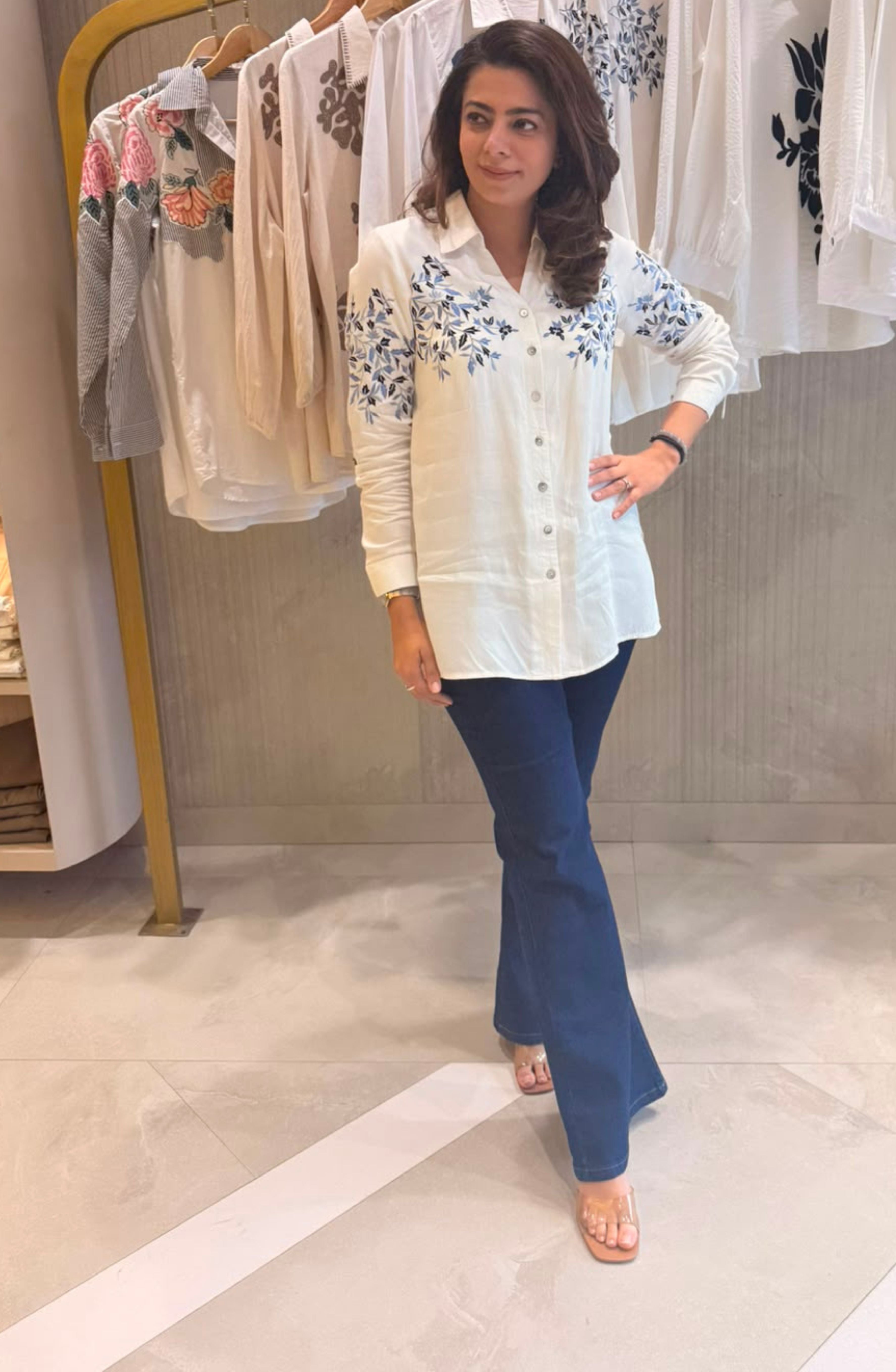 White and Blue Floral Embroidered Shirt