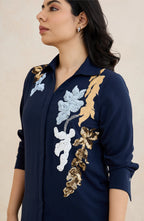 Navy Floral Vine Embellished Shirt