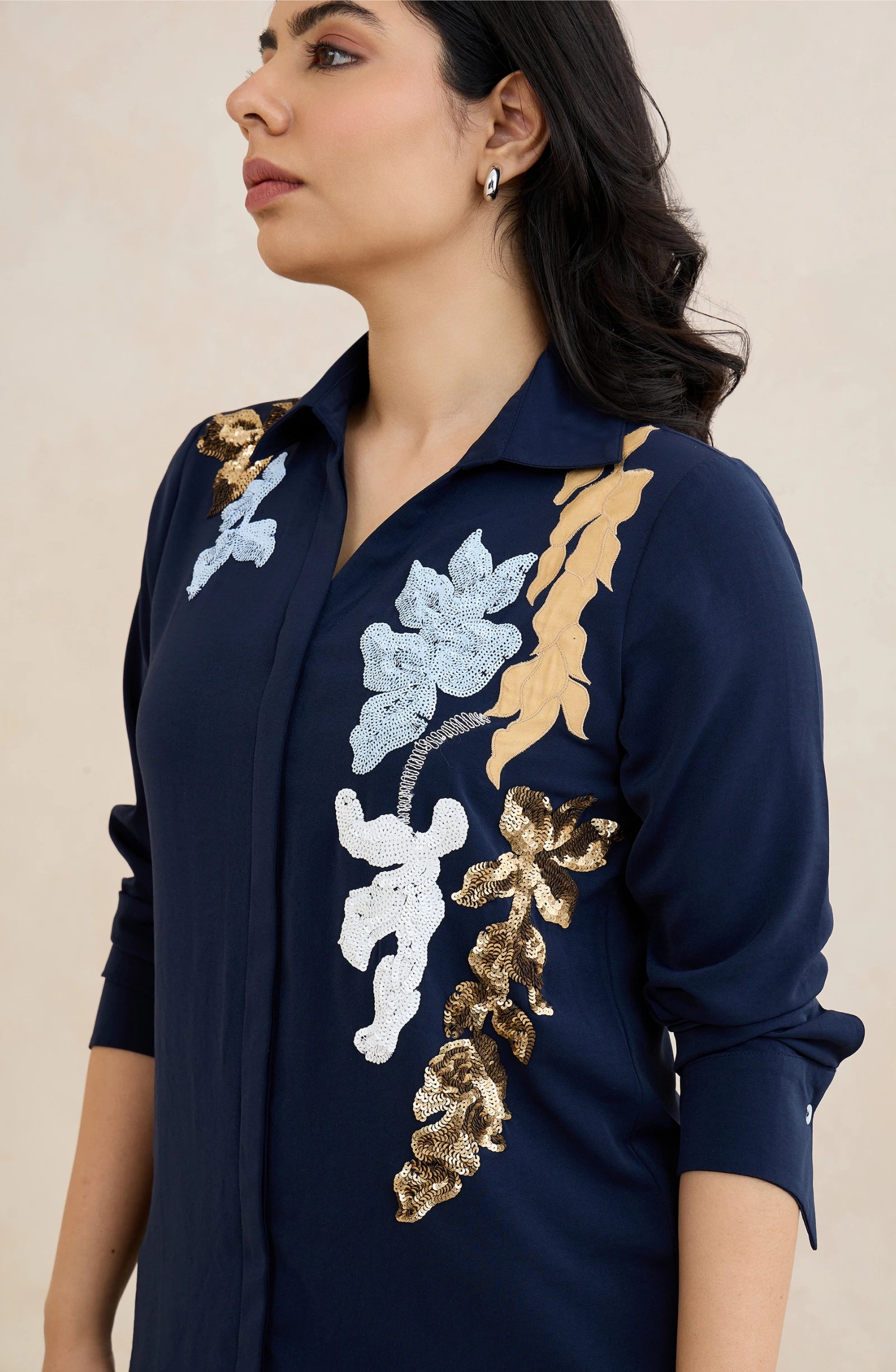 Navy Floral Vine Embellished Shirt