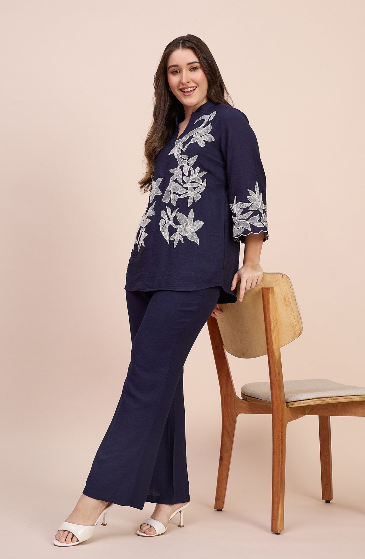 Navy Blue Co-ord Set with White Floral Lace Applique