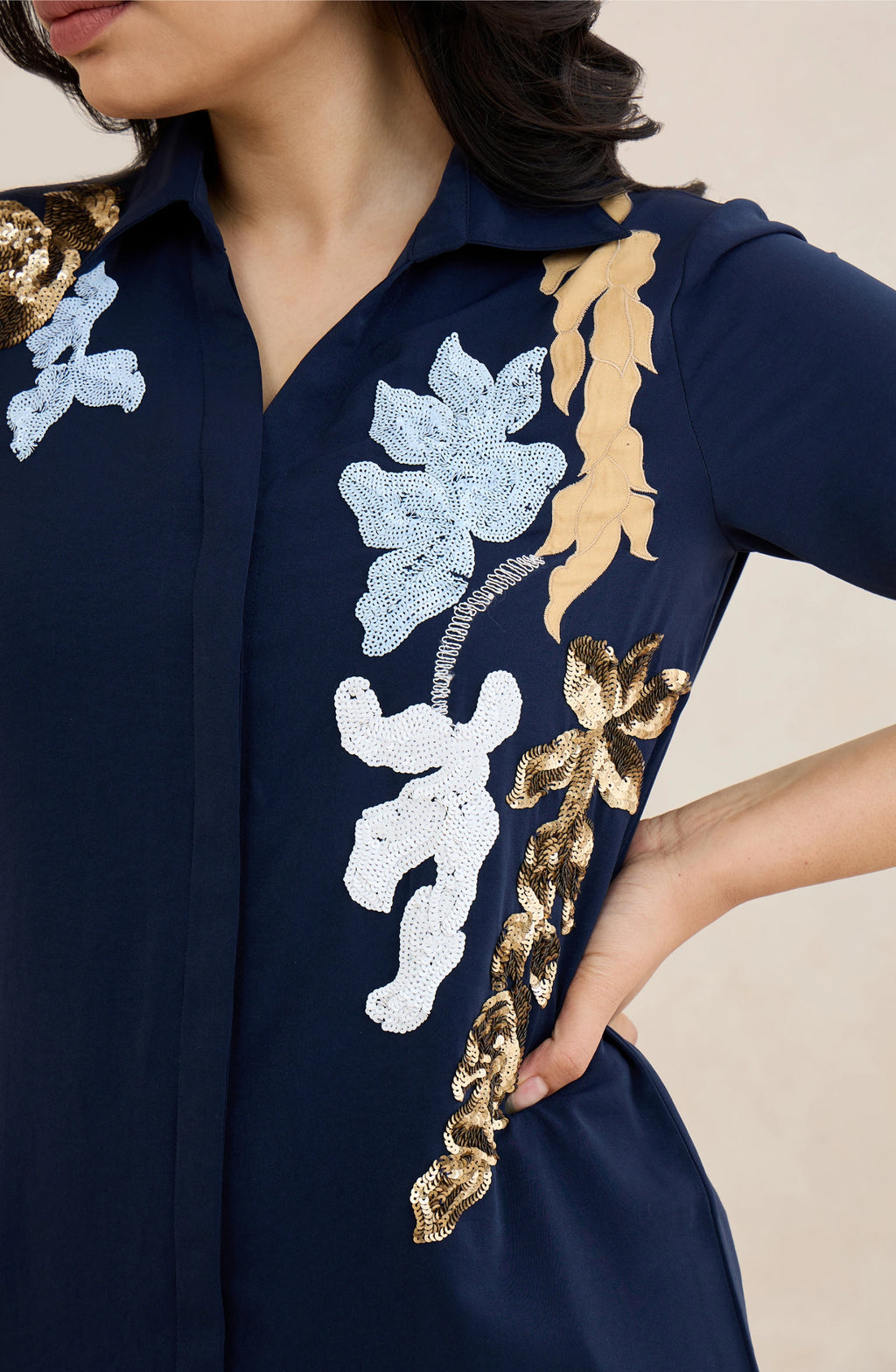 Navy Floral Vine Embellished Shirt