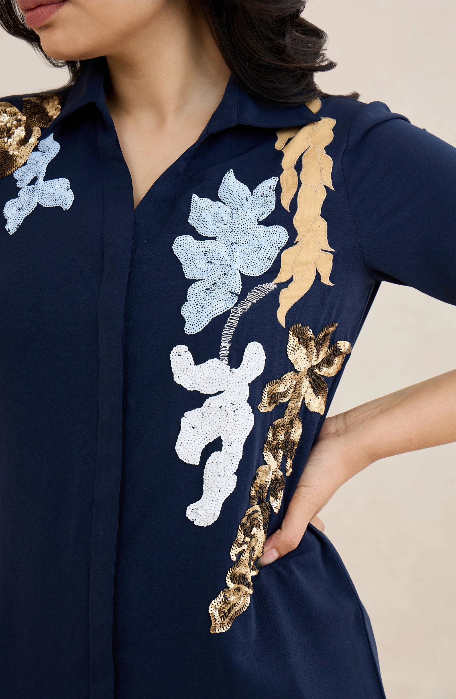Navy Floral Vine Embellished Shirt