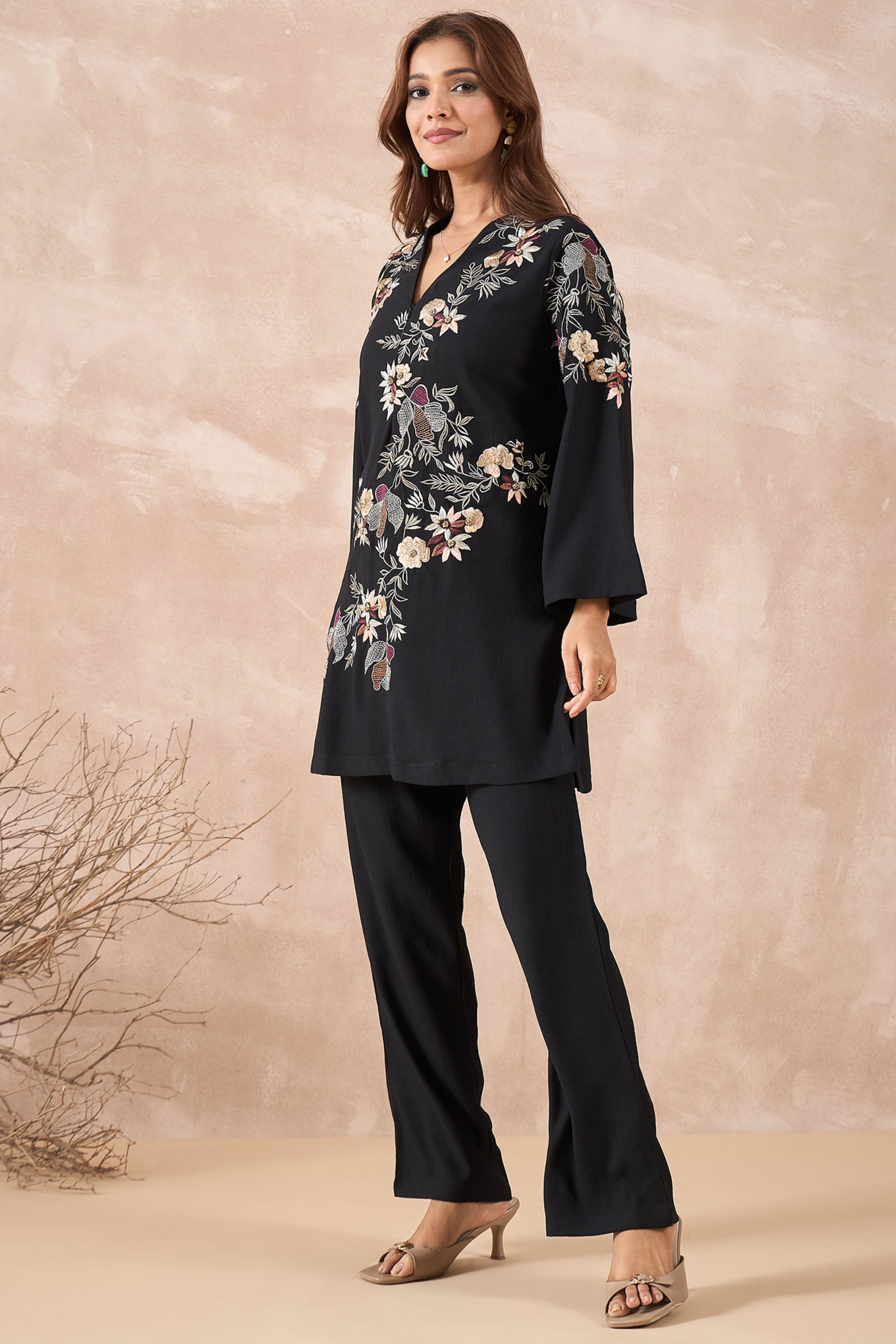 Black Floral Embroidered Co-Ord Set