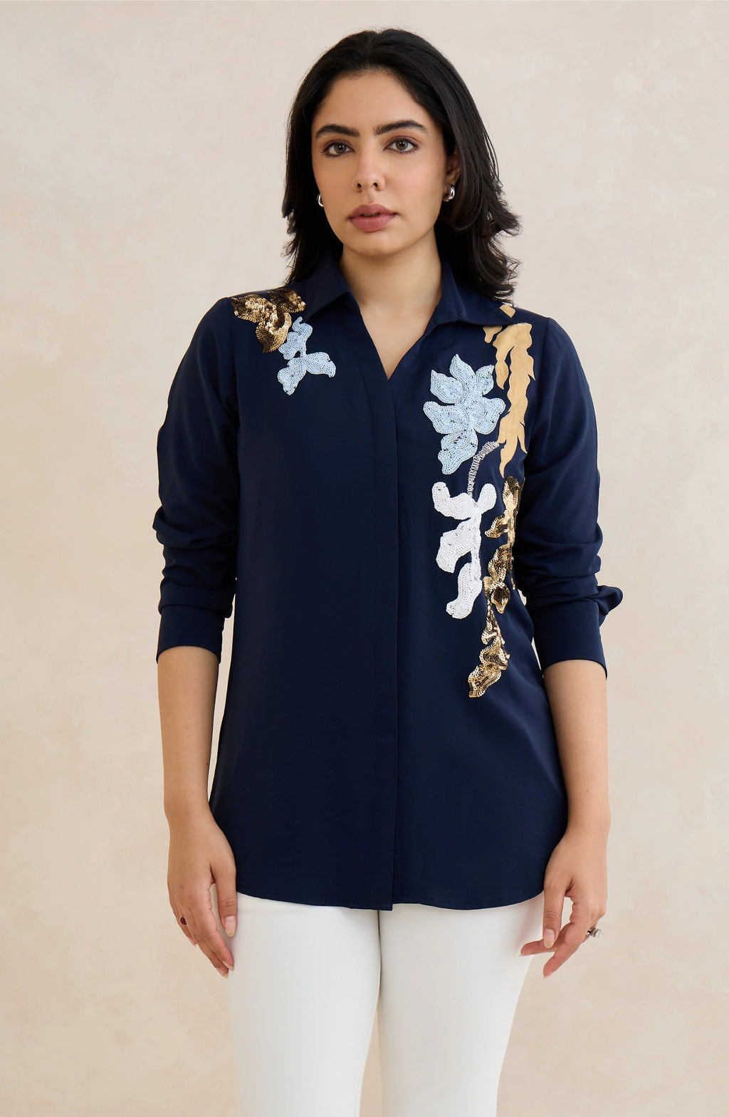 Navy Floral Vine Embellished Shirt