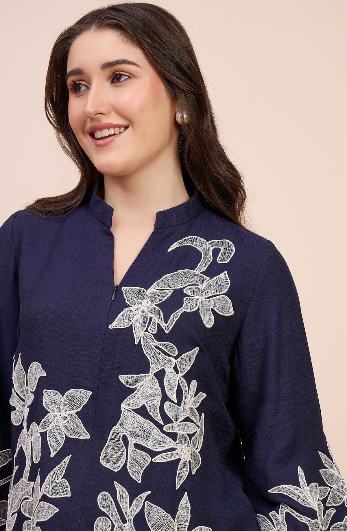 Navy Blue Co-ord Set with White Floral Lace Applique
