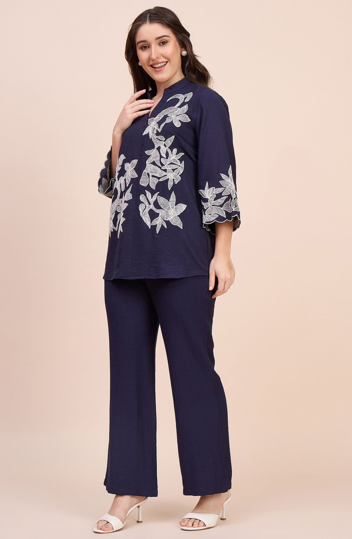 Navy Blue Co-ord Set with White Floral Lace Applique