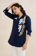 Navy Floral Vine Embellished Shirt
