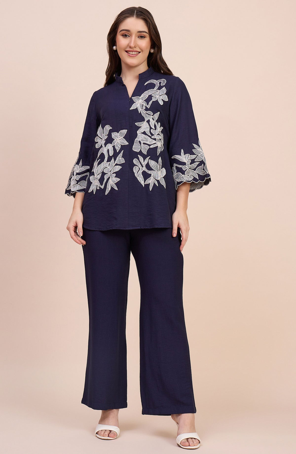 Navy Blue Co-ord Set with White Floral Lace Applique