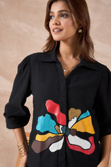 Black Sequin Abstract Floral Shirt