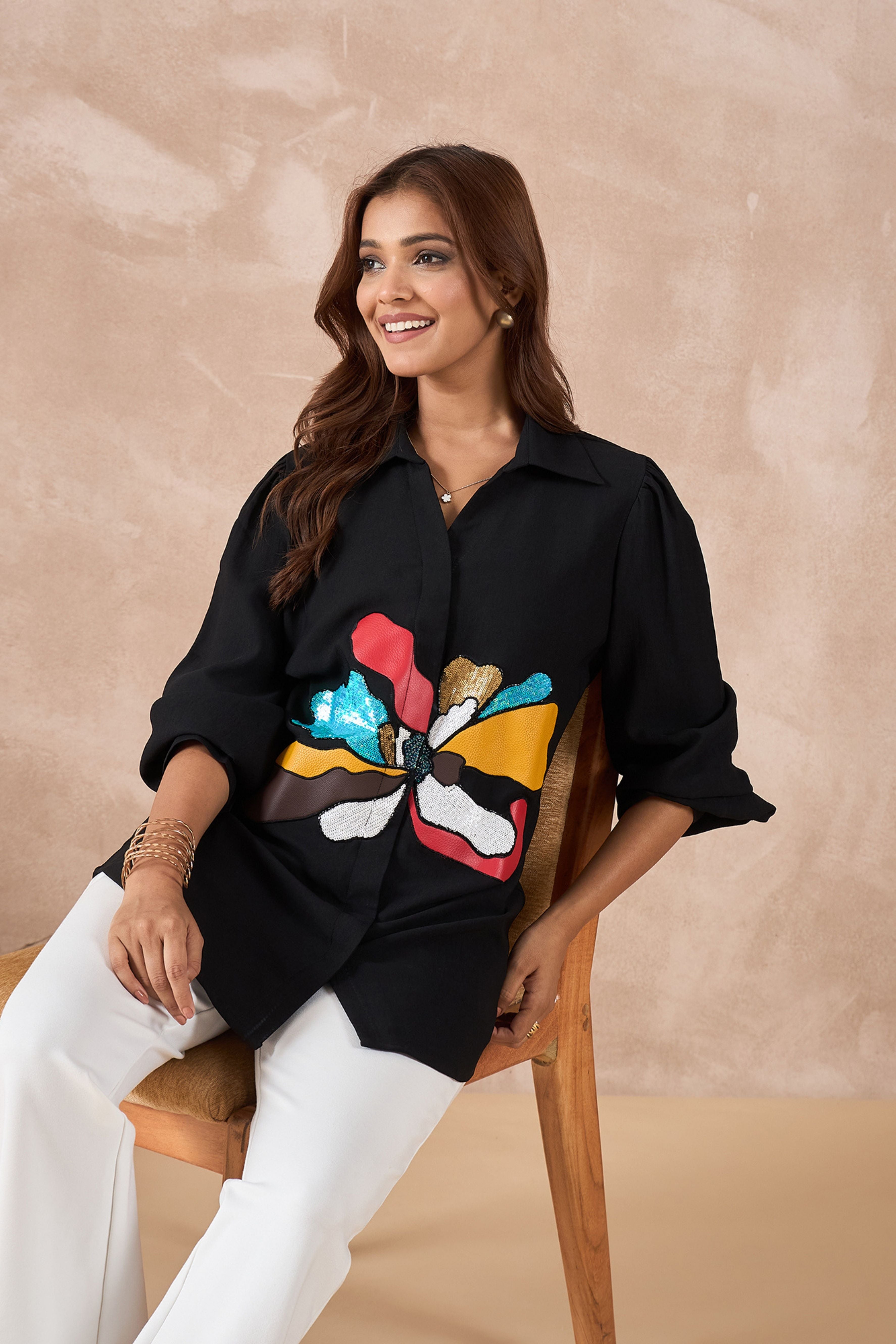 Black Sequin Abstract Floral Shirt