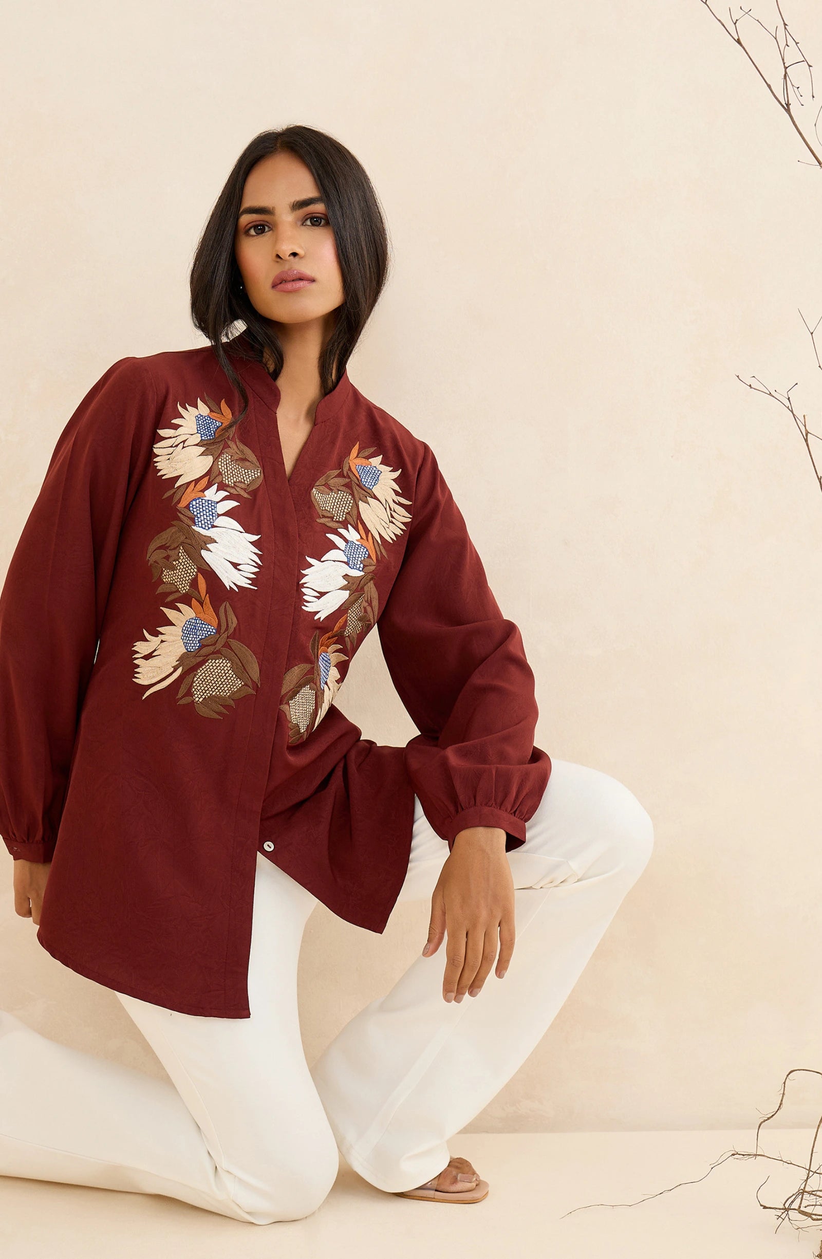 Maroon Petalcraft Embroidered Shirt