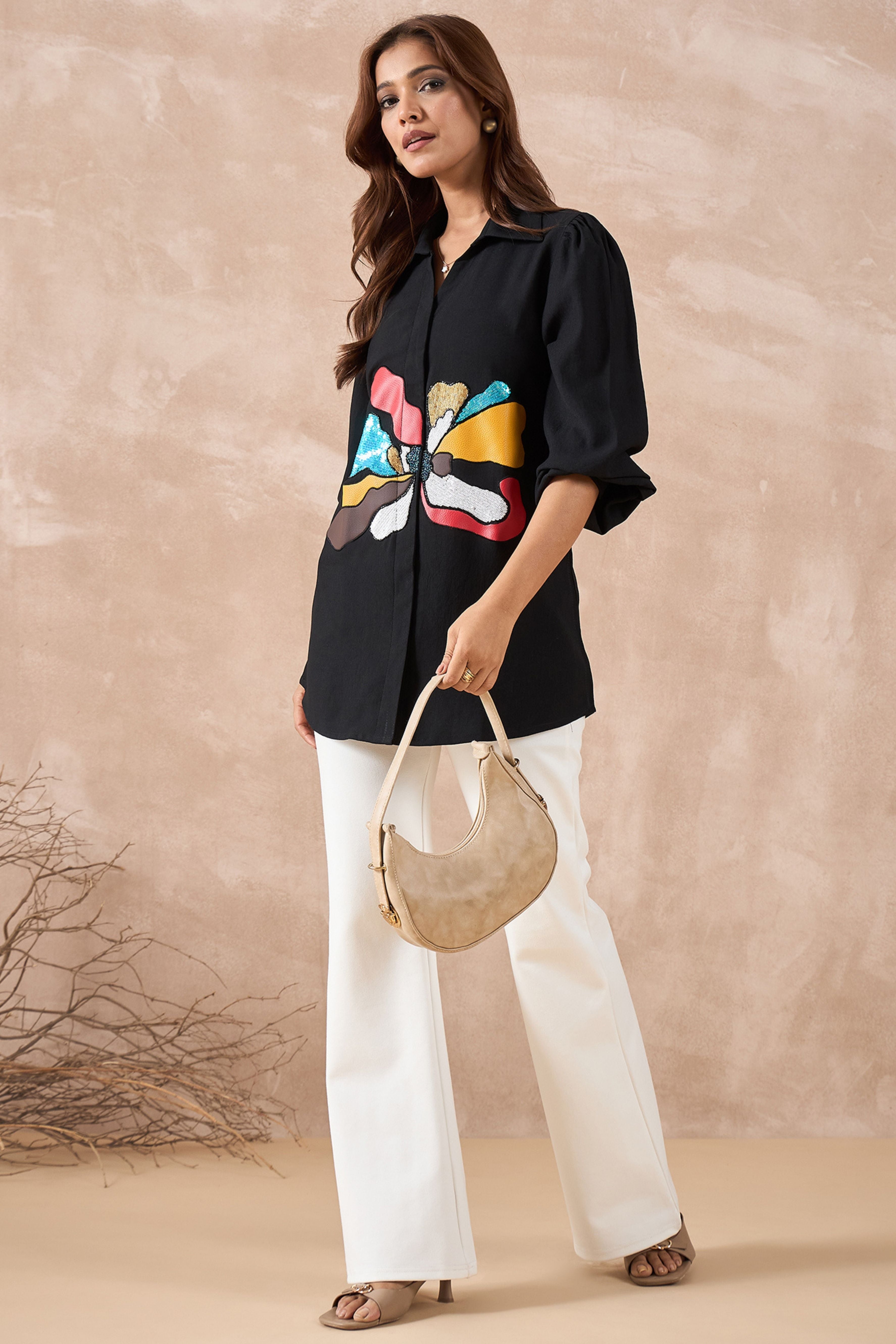 Black Sequin Abstract Floral Shirt