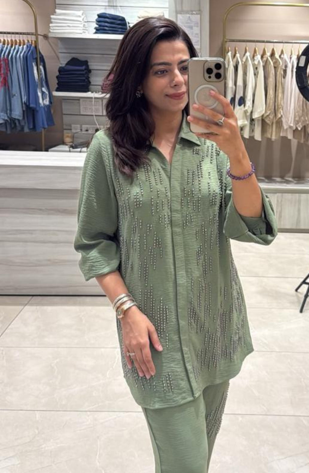 Sage Green Studded Embellished Co-Ord Set