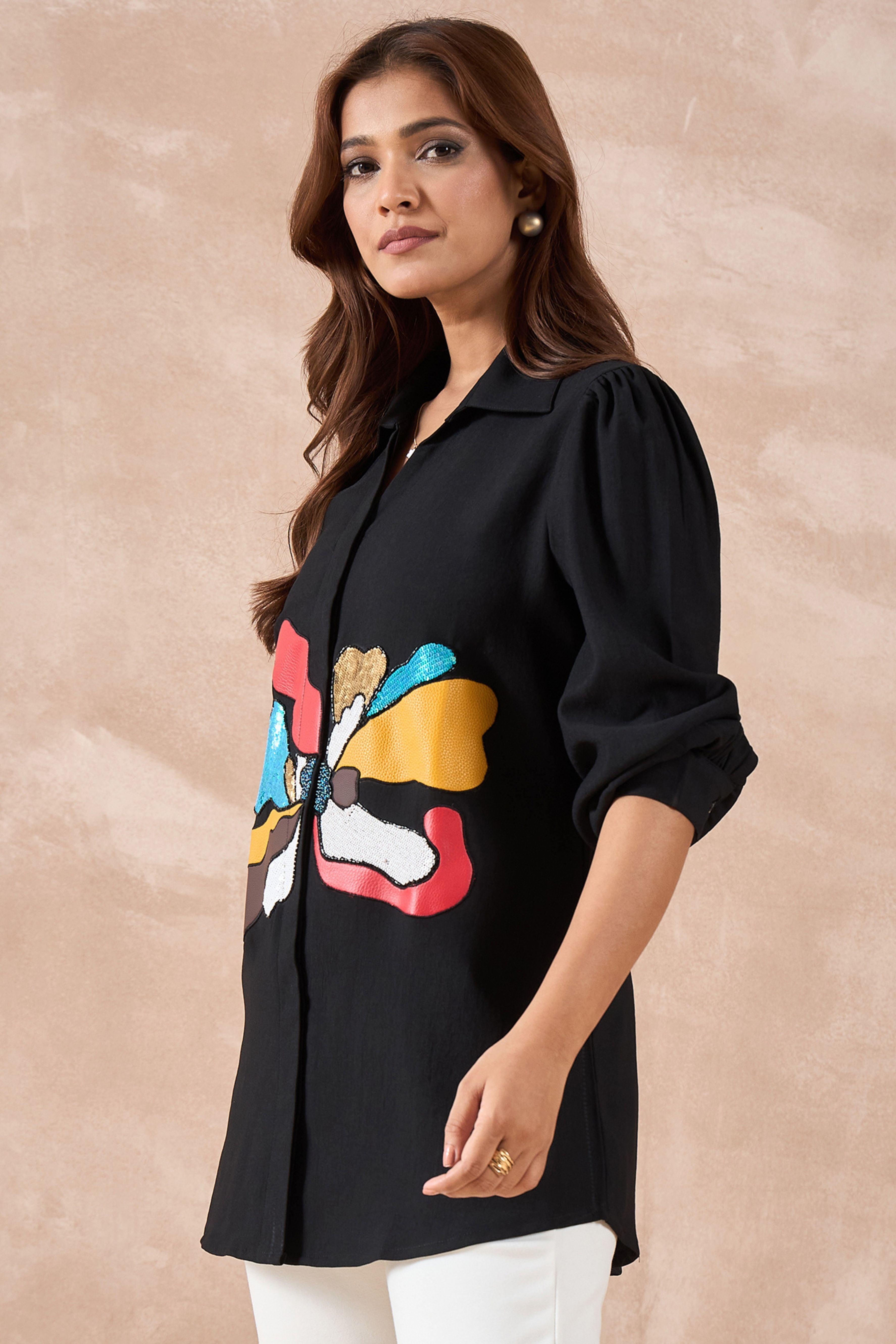 Black Sequin Abstract Floral Shirt