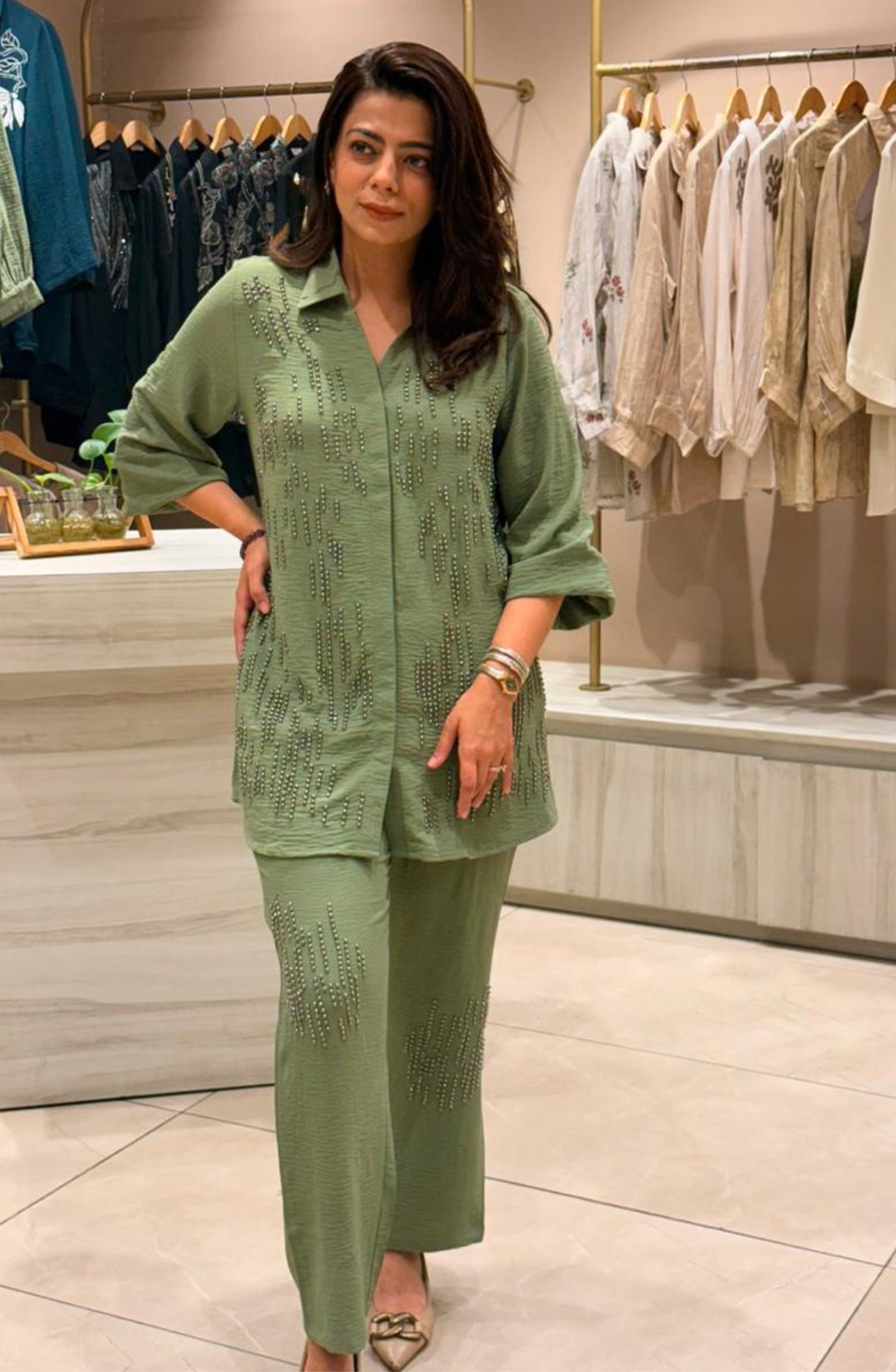 Sage Green Studded Embellished Co-Ord Set