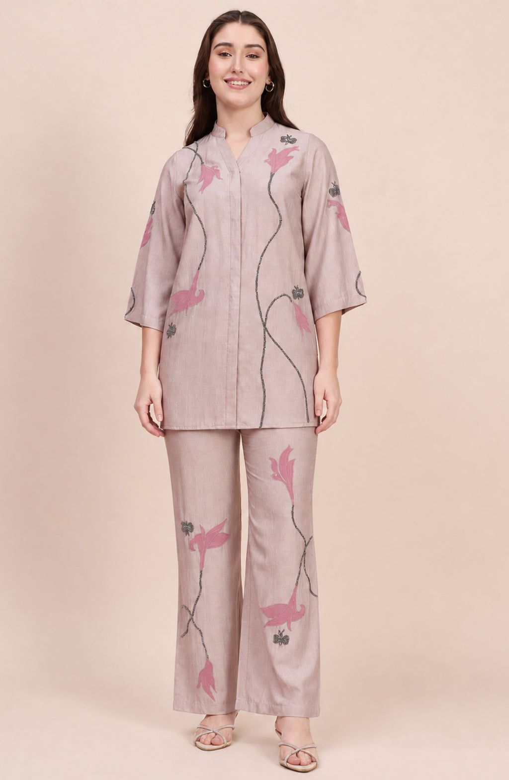 Off-Beige Co-ord Set with Beaded Vine & Pink Tulip Applique