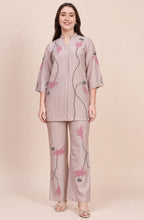 Off-Beige Co-ord Set with Beaded Vine & Pink Tulip Applique