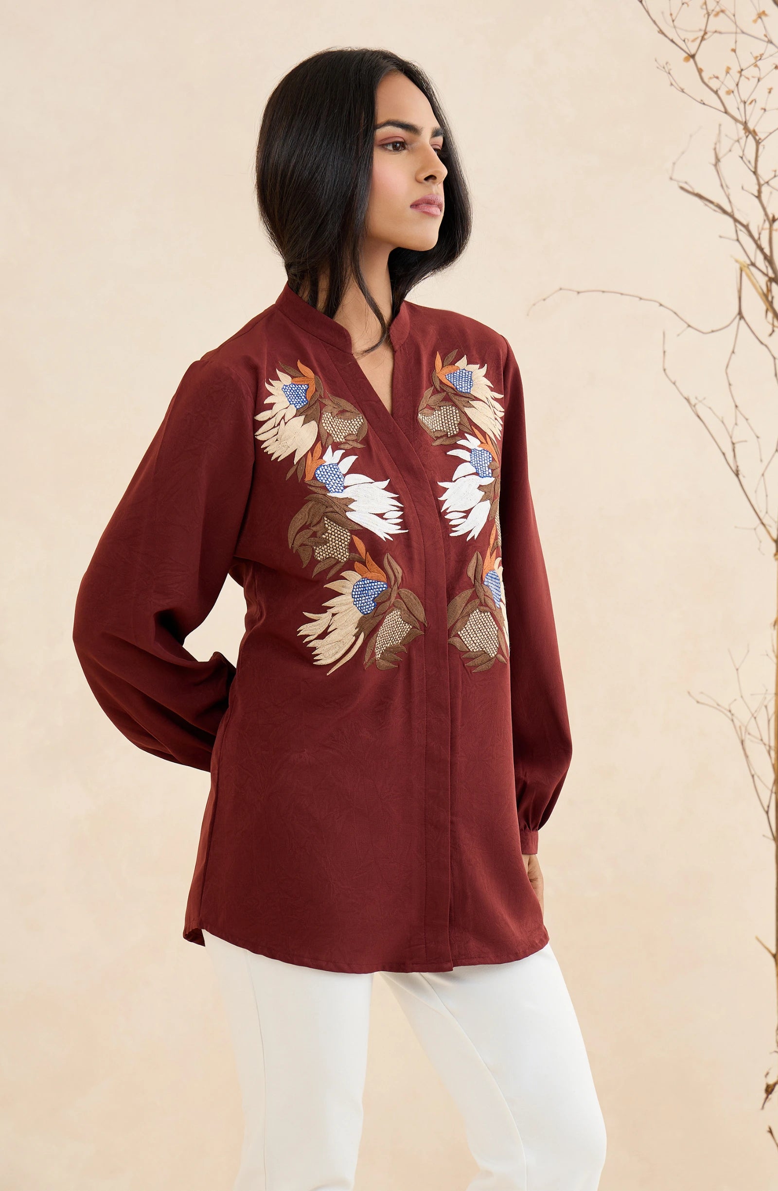 Maroon Petalcraft Embroidered Shirt