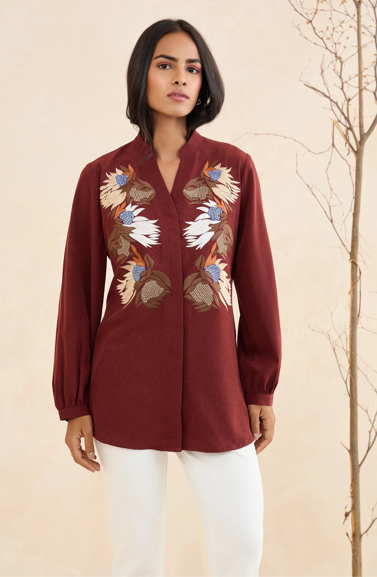 Maroon Petalcraft Embroidered Shirt