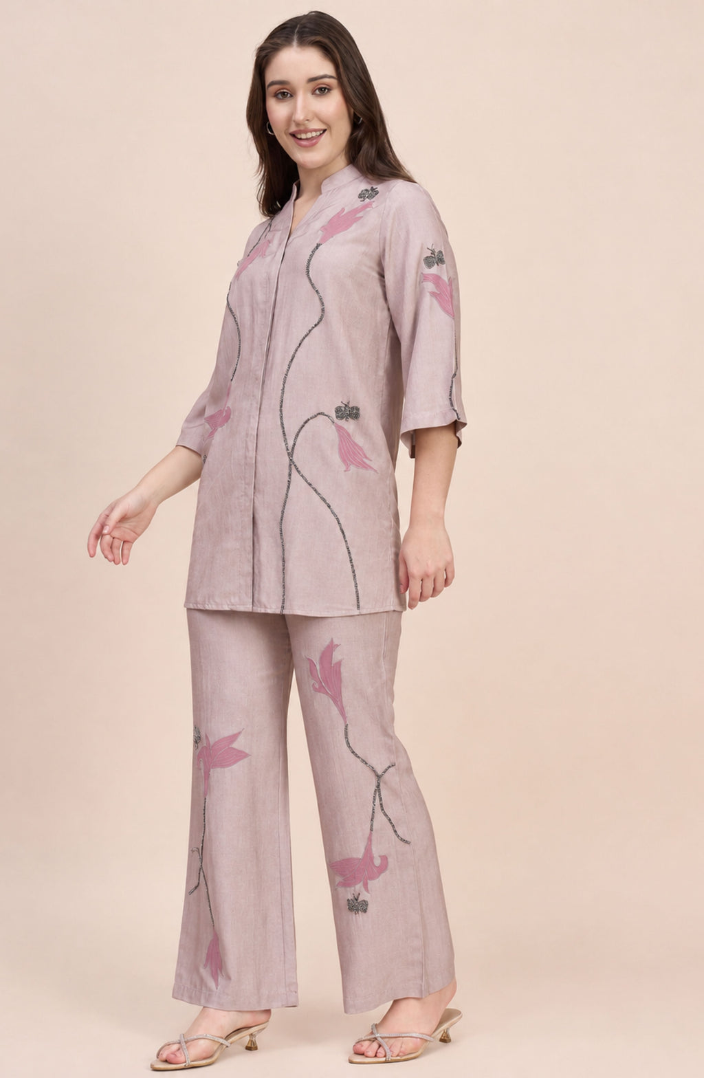 Off-Beige Co-ord Set with Beaded Vine & Pink Tulip Applique