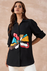 Black Sequin Abstract Floral Shirt