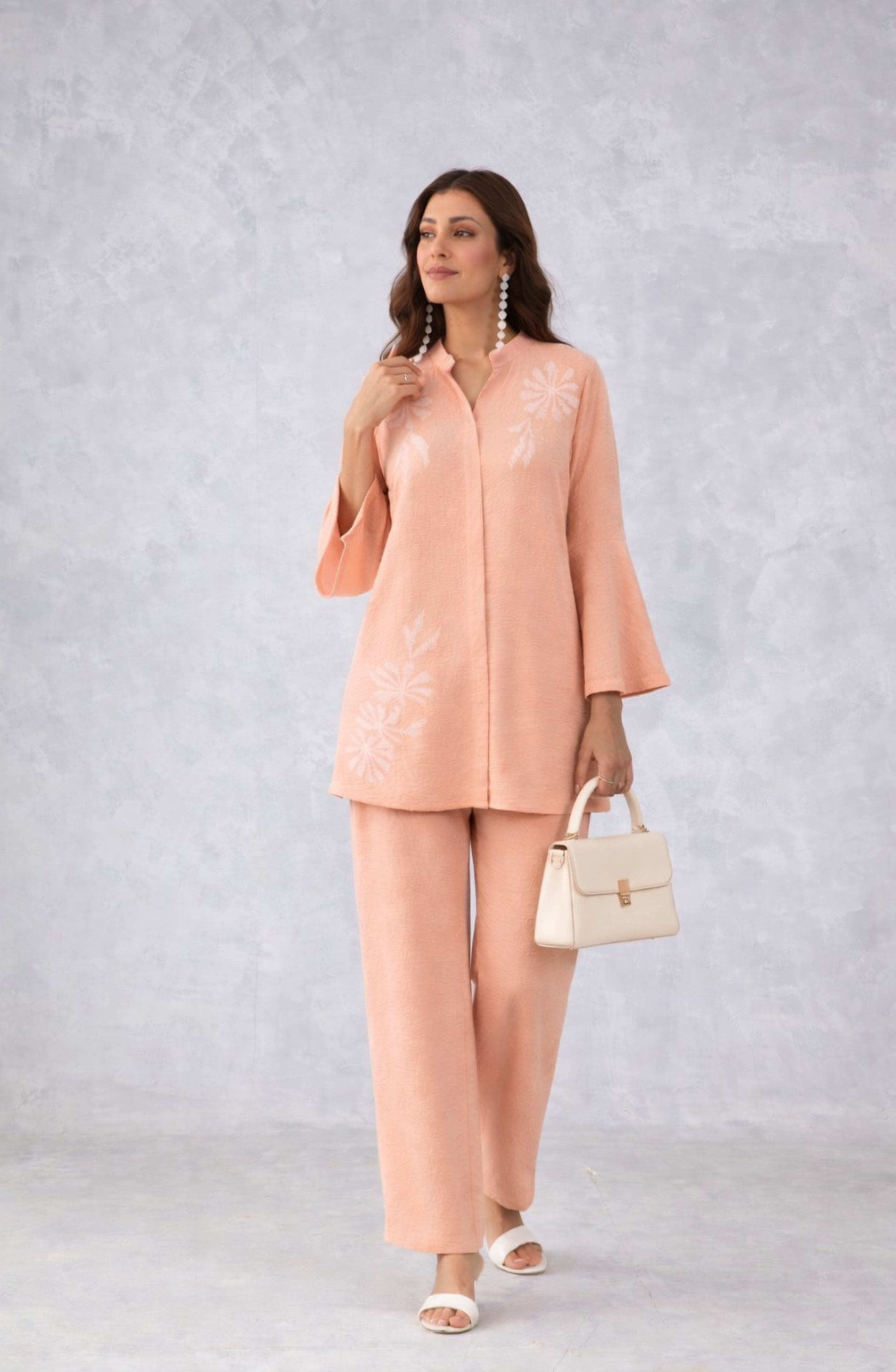 Peach Floral Embroidered Co-Ord