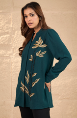 Bottle Green Gold Leaf Embellished Shirt