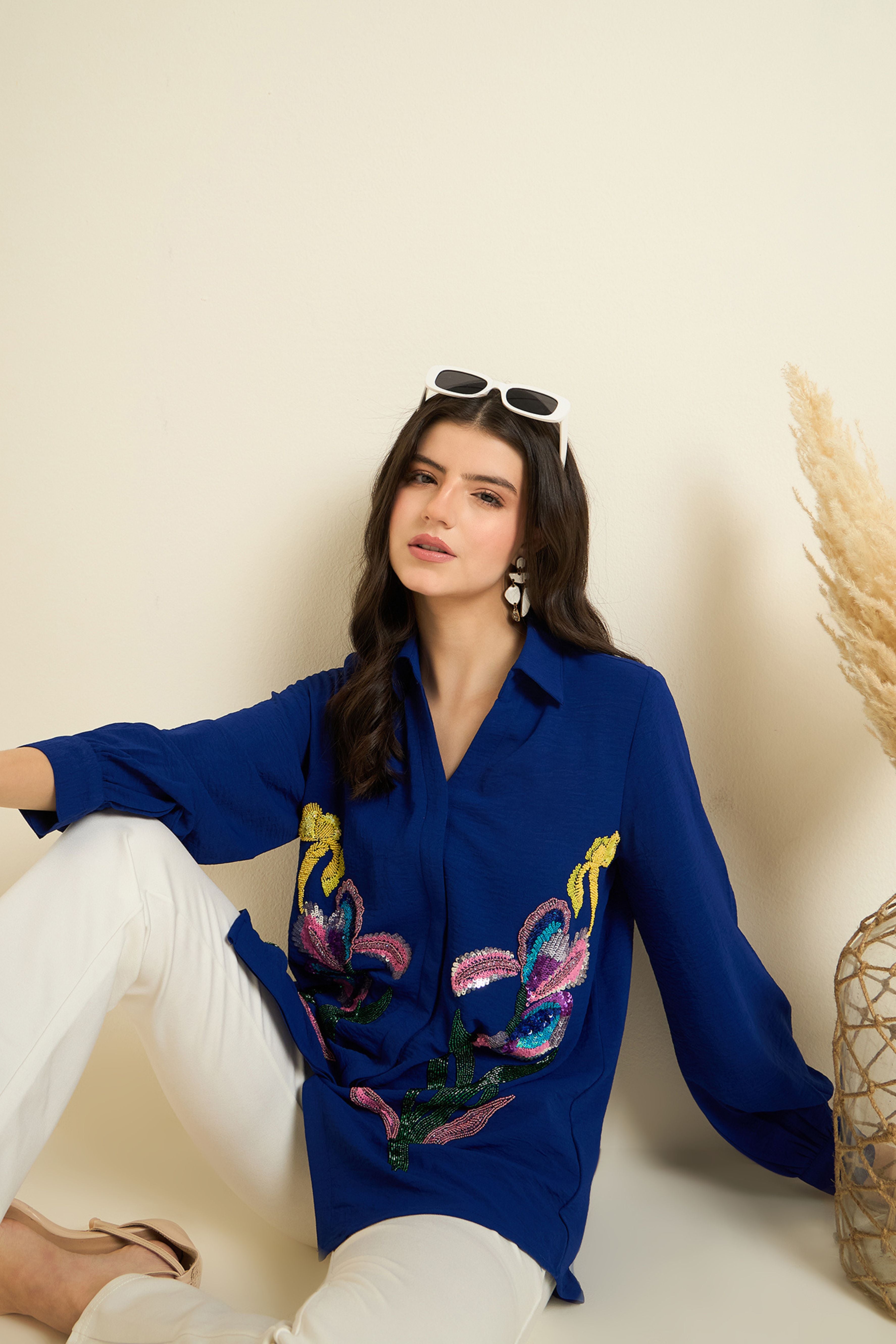 Royal Blue Embellished Floral Shirt