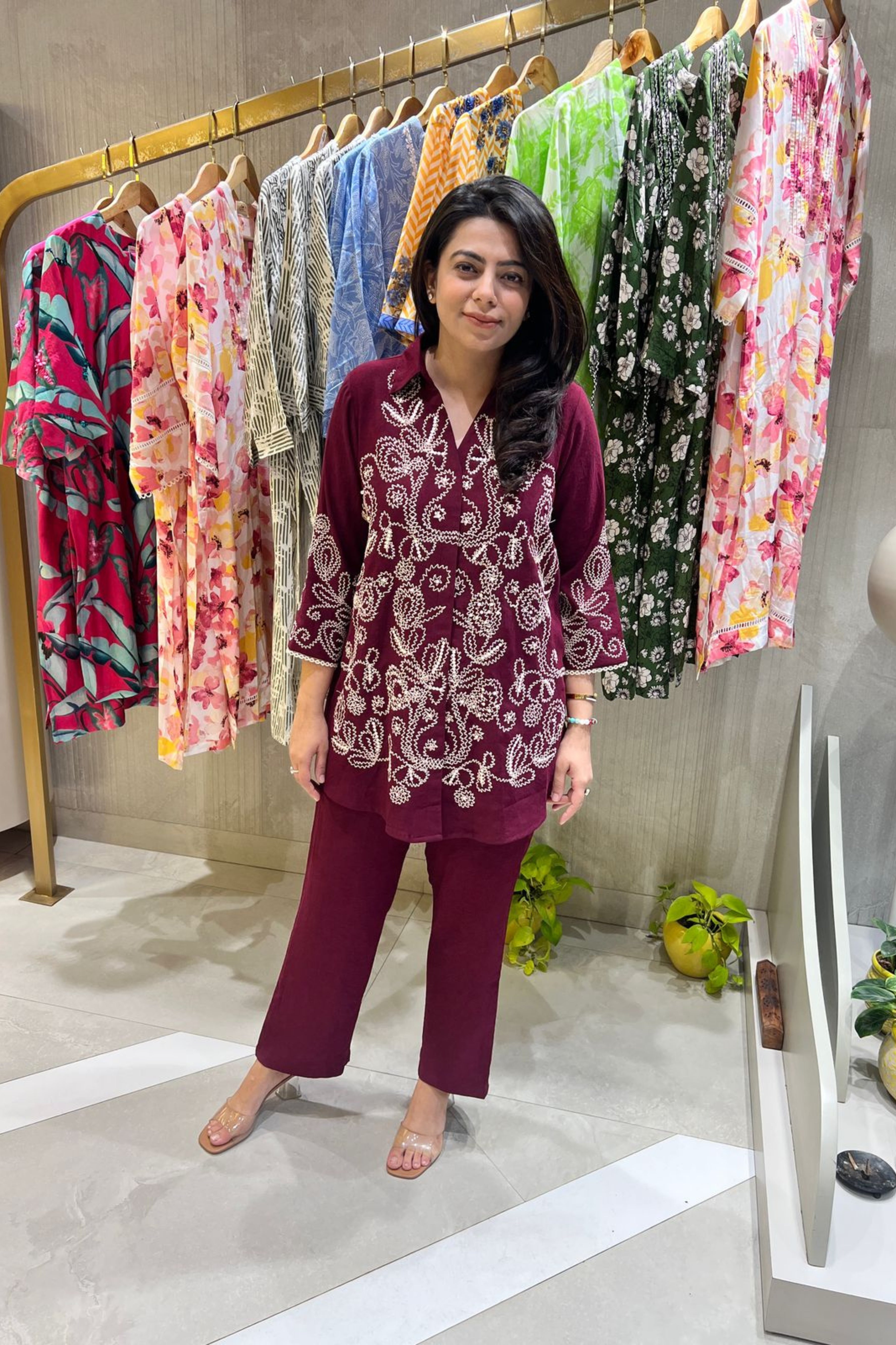 Maroon Floral Embroidered Co-Ord