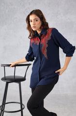 Navy Blue & Red Abstract Embellished Shirt