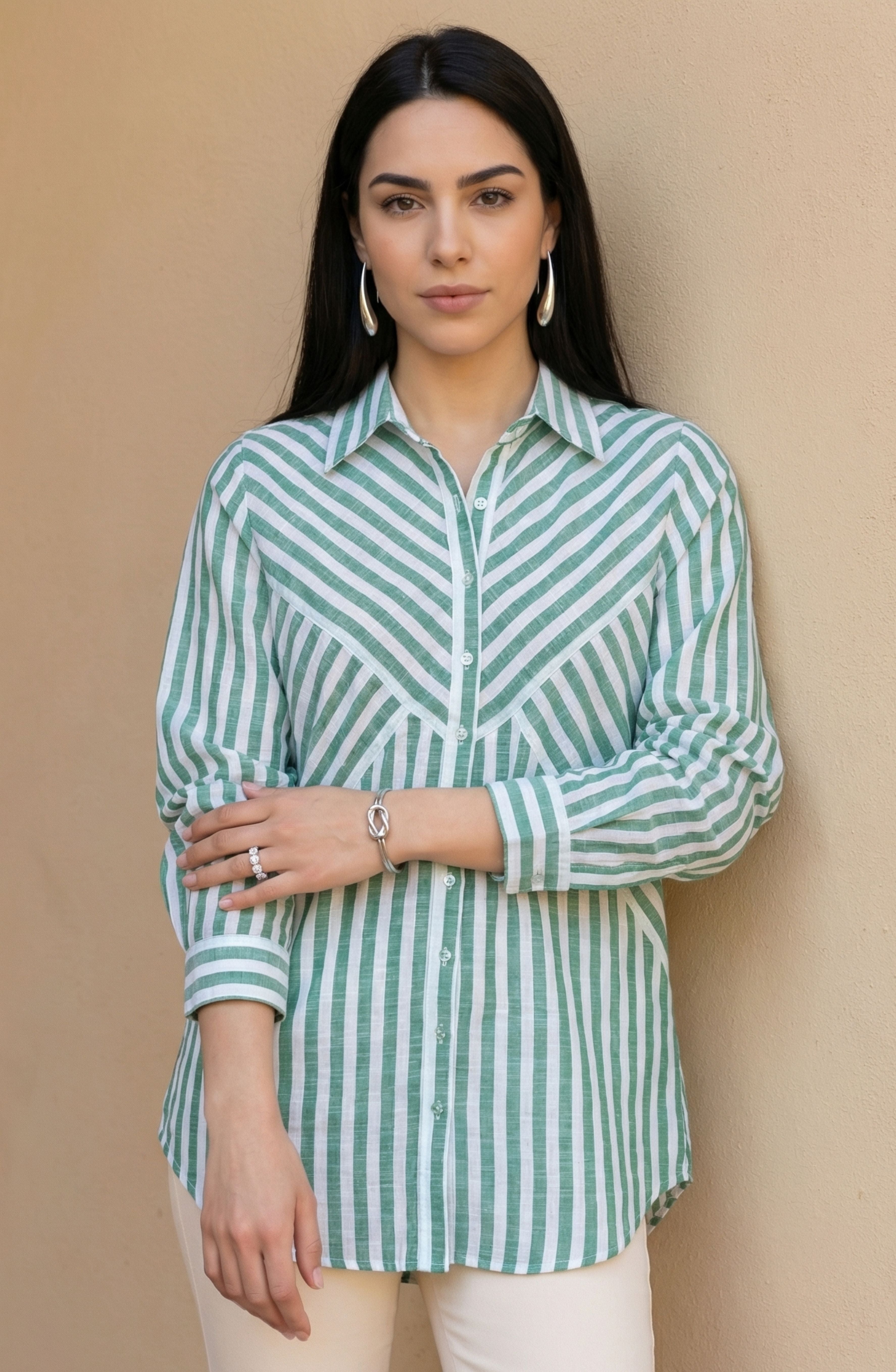Green & White Stripe Cotton Shirt