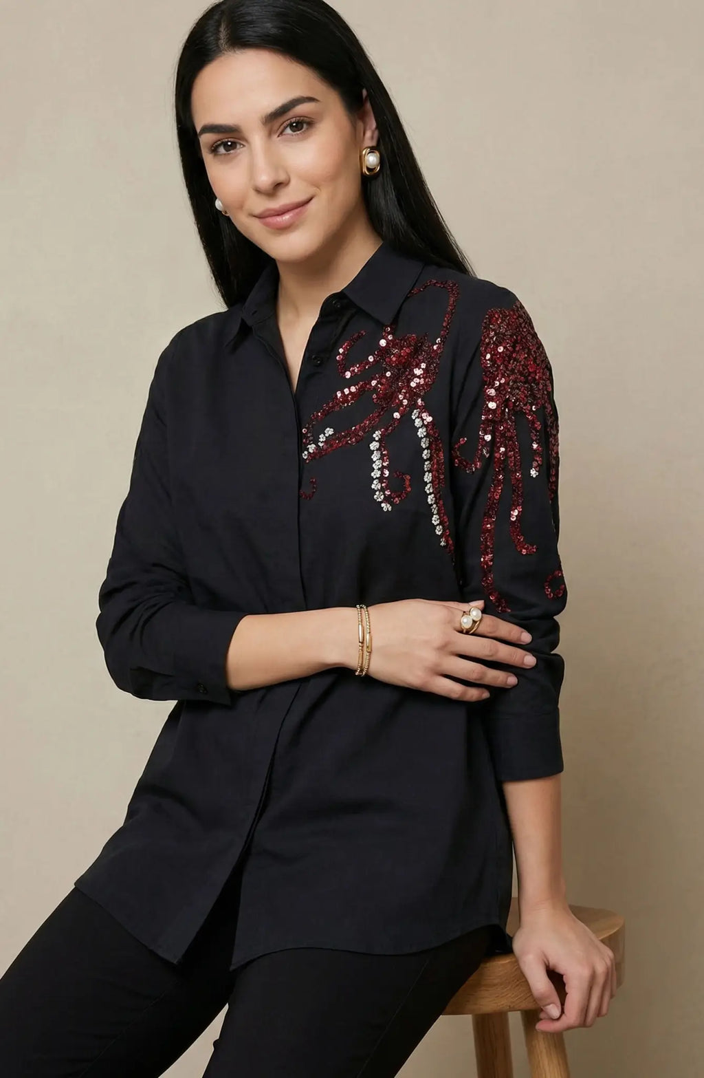 Black One Side Motif Embellished Shirt