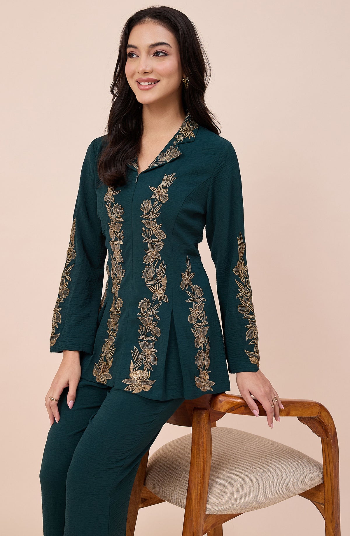 Bottle Green Zari Embroidered Co-ord Set