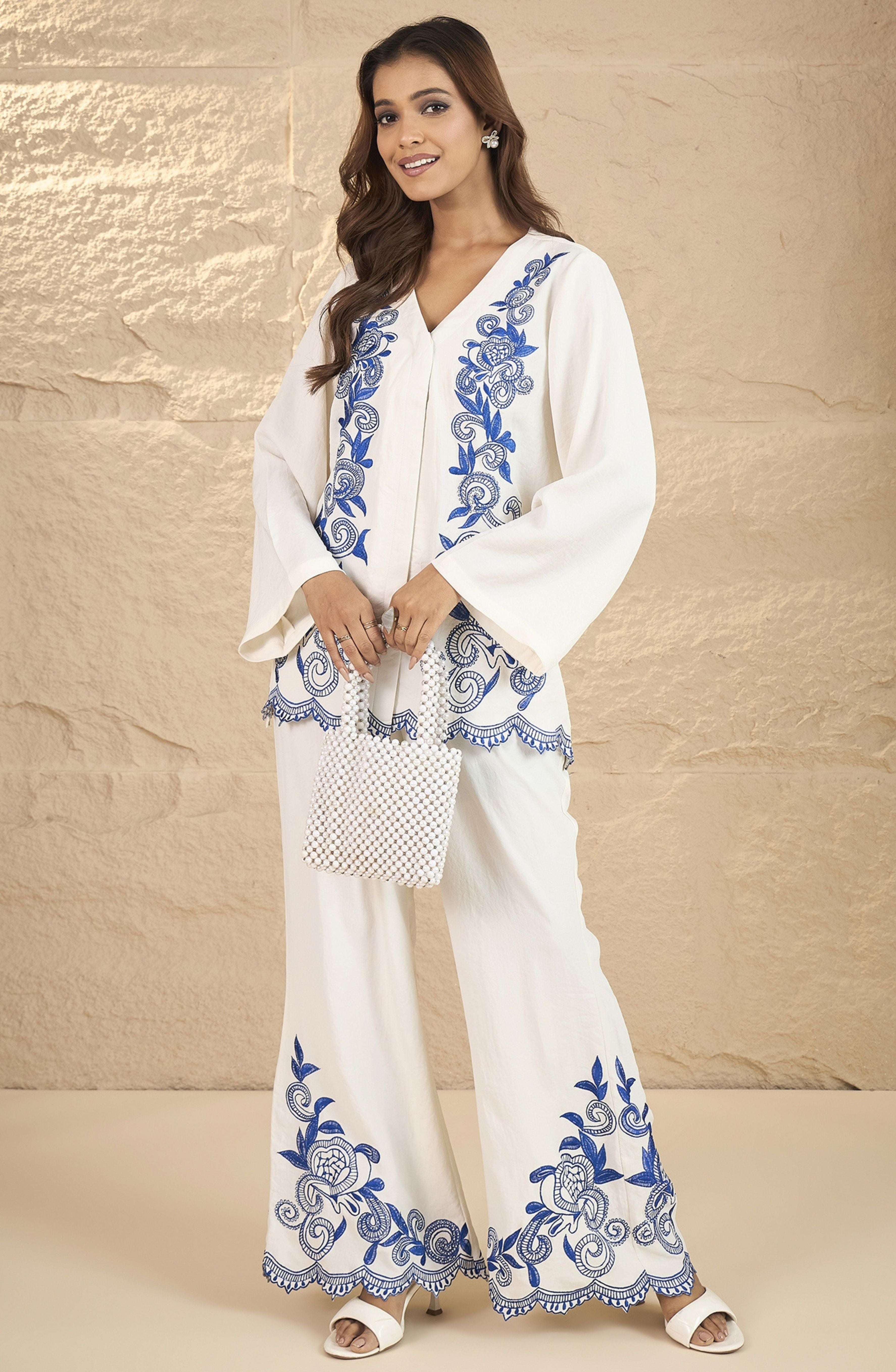 White and Blue Embroidered Co-Ord Set