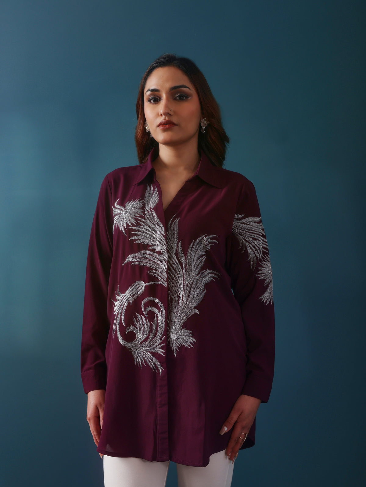 Wine Zari Embroidered Shirt