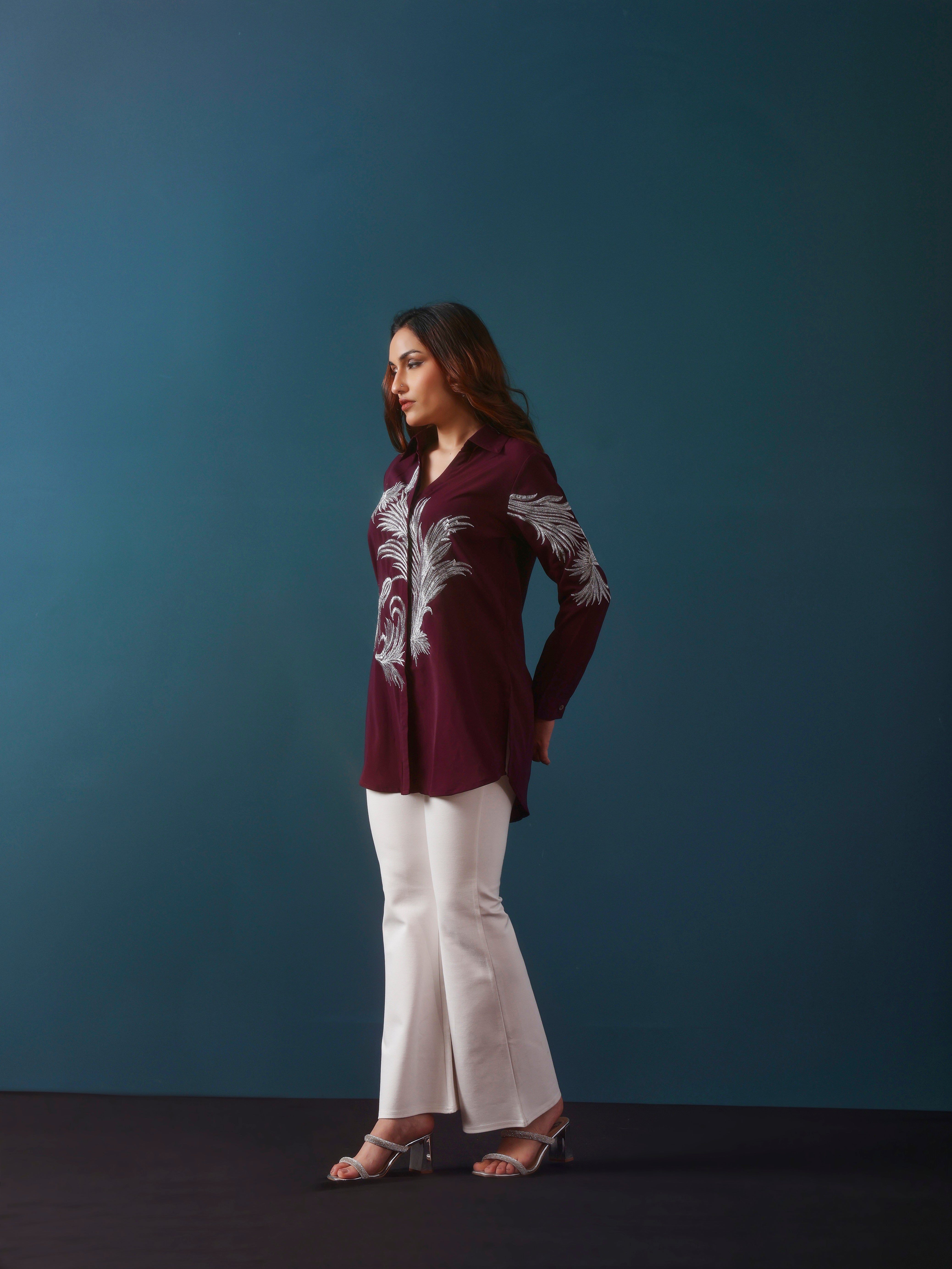 Wine Zari Embroidered Shirt