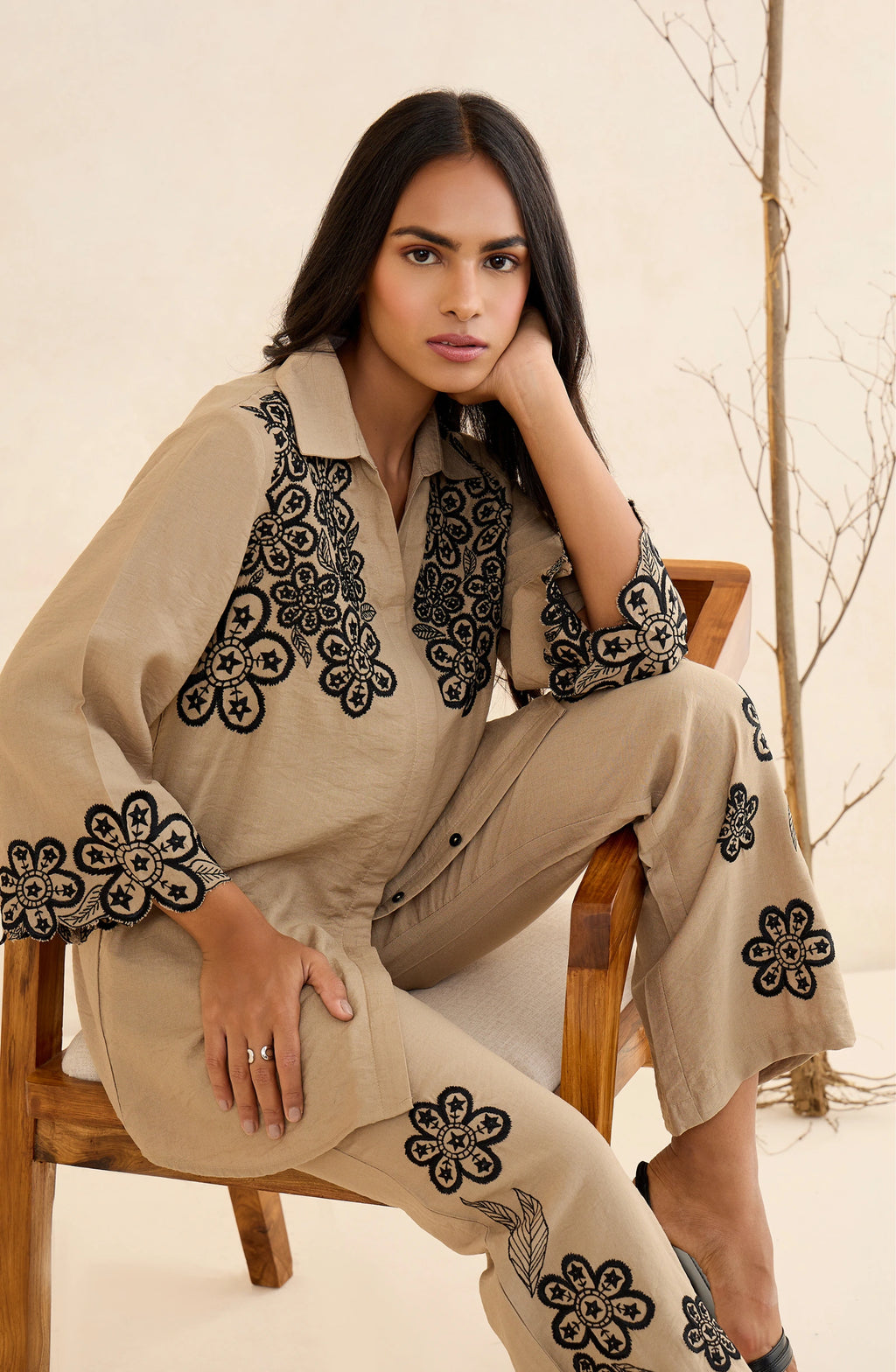 Beige Floral Heritage Co-Ord Set